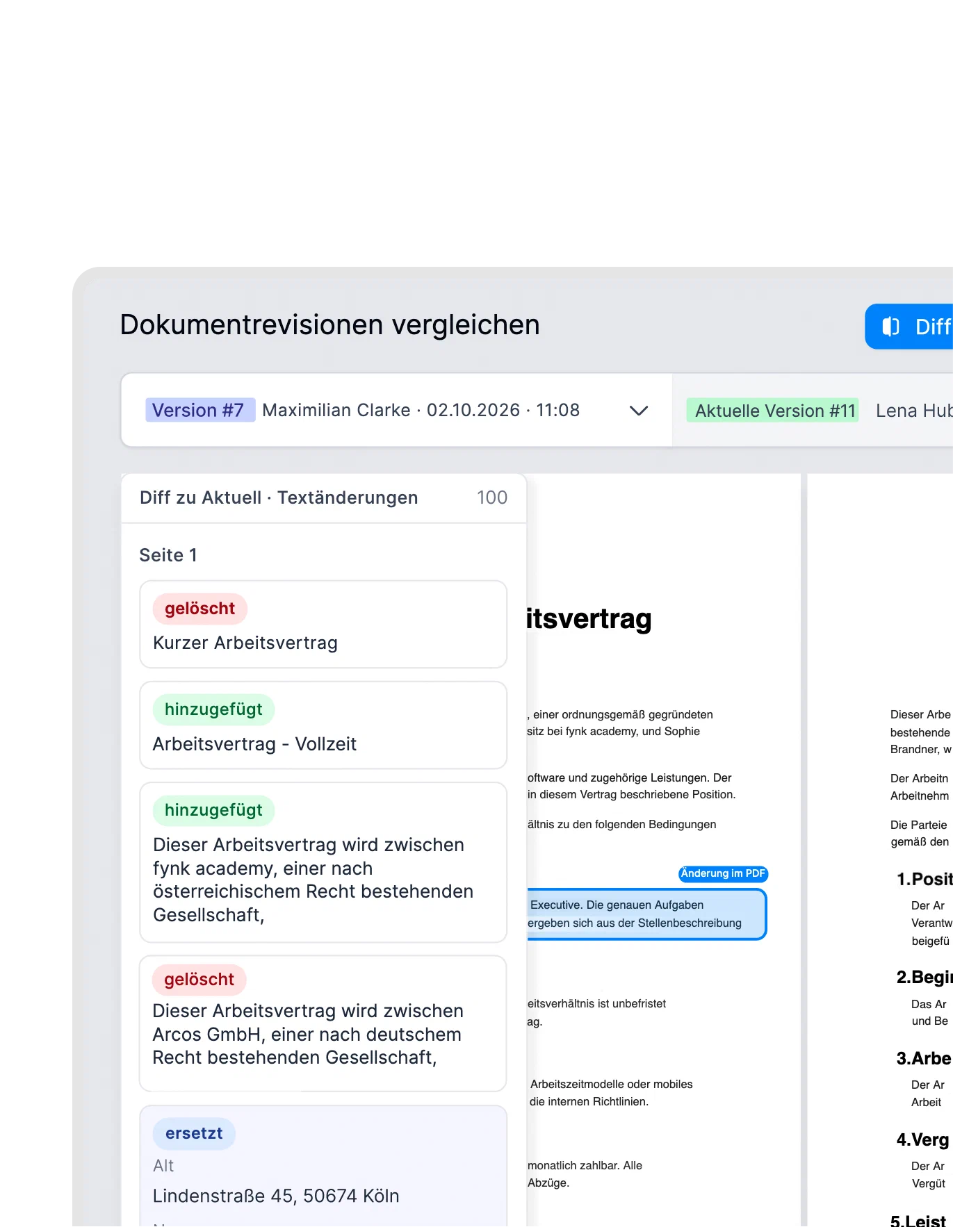 Die aktuelle Version mit einer früheren Version in fynk vergleichen Ansicht „Dokumentrevisionen vergleichen“ in fynk mit gelöschtem, hinzugefügtem und ersetztem Text zwischen einer früheren und der aktuellen Version
