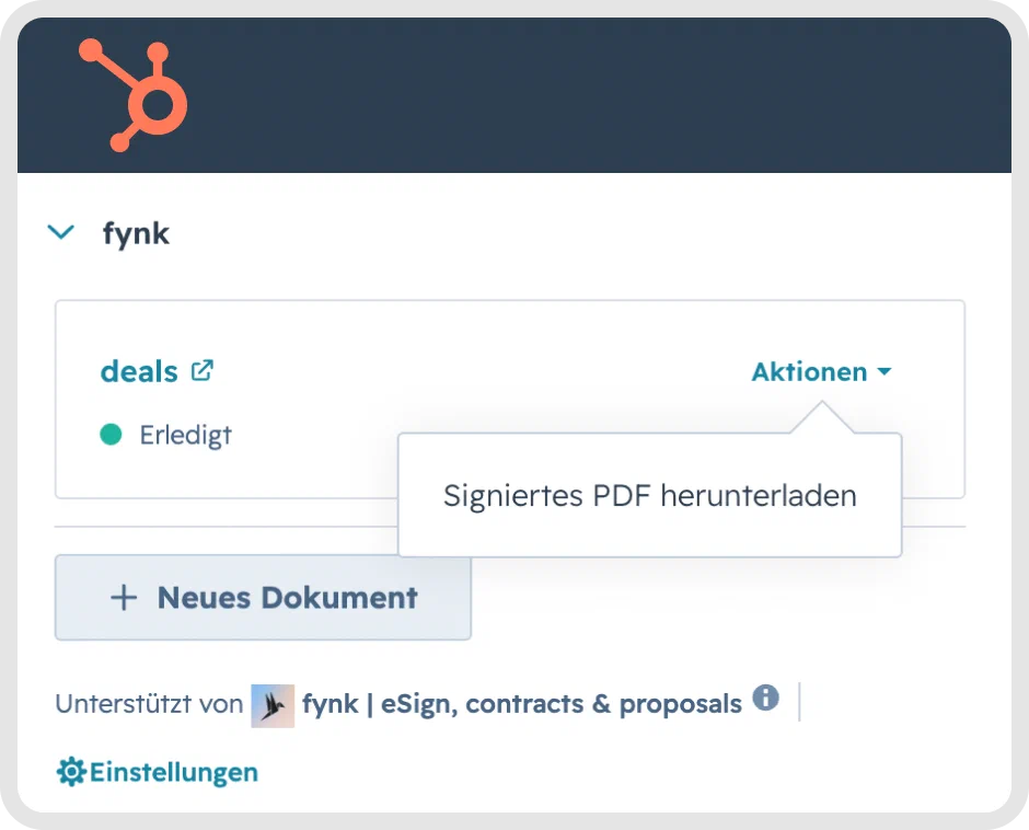 Ein erledigter Vertrag an der fynk-Karte in HubSpot, mit Signiertes PDF herunterladen im Aktionen-Menü