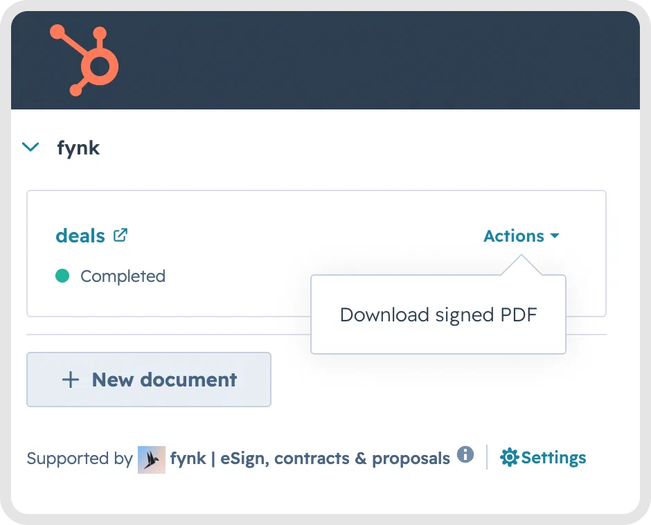 A completed contract on the fynk card in HubSpot, with Download signed PDF open in the Actions menu