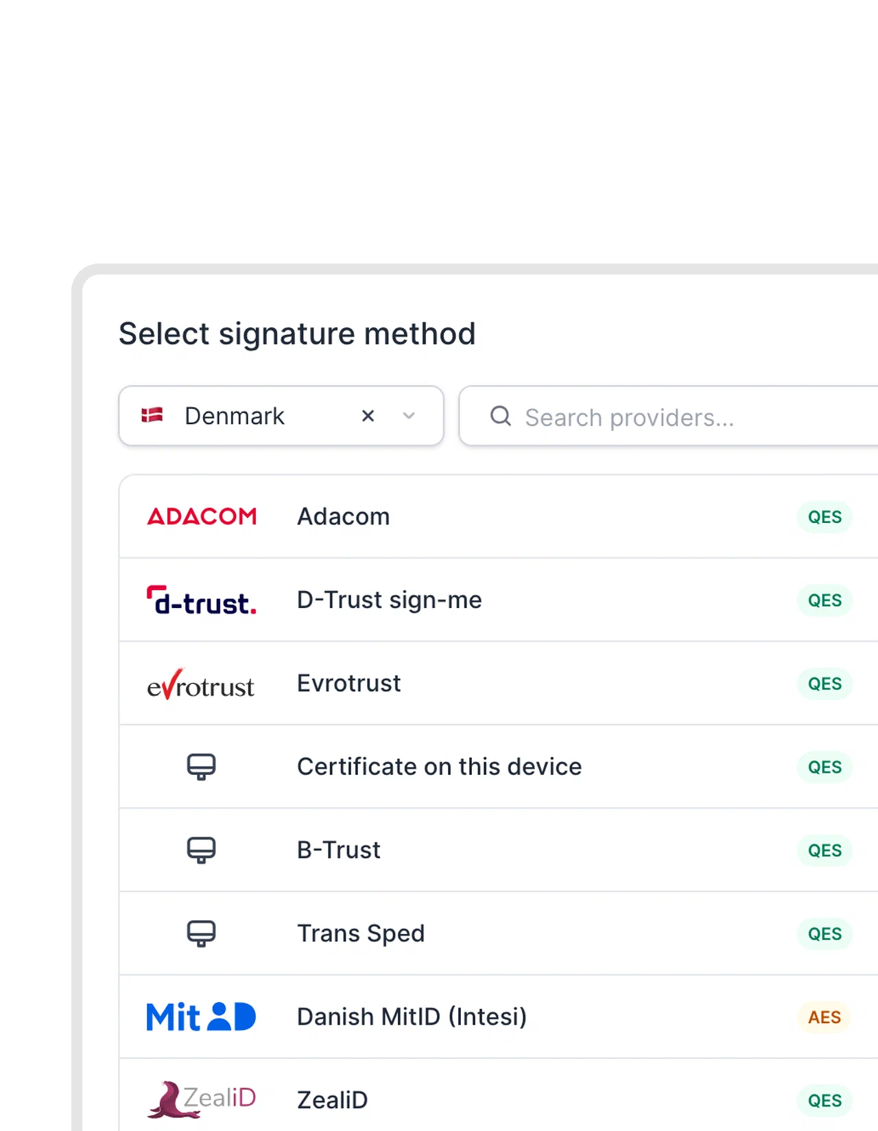 Qualified electronic signature in fynk: choosing a qualified provider or eID Qualified electronic signature in fynk: the signer picks a qualified trust service provider or national eID from a list by country