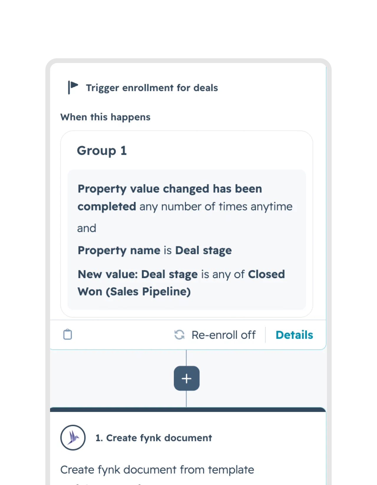 Ein HubSpot-Workflow, ausgelöst von einem Deal auf Closed Won, mit fynk-Dokument erstellen als Aktion