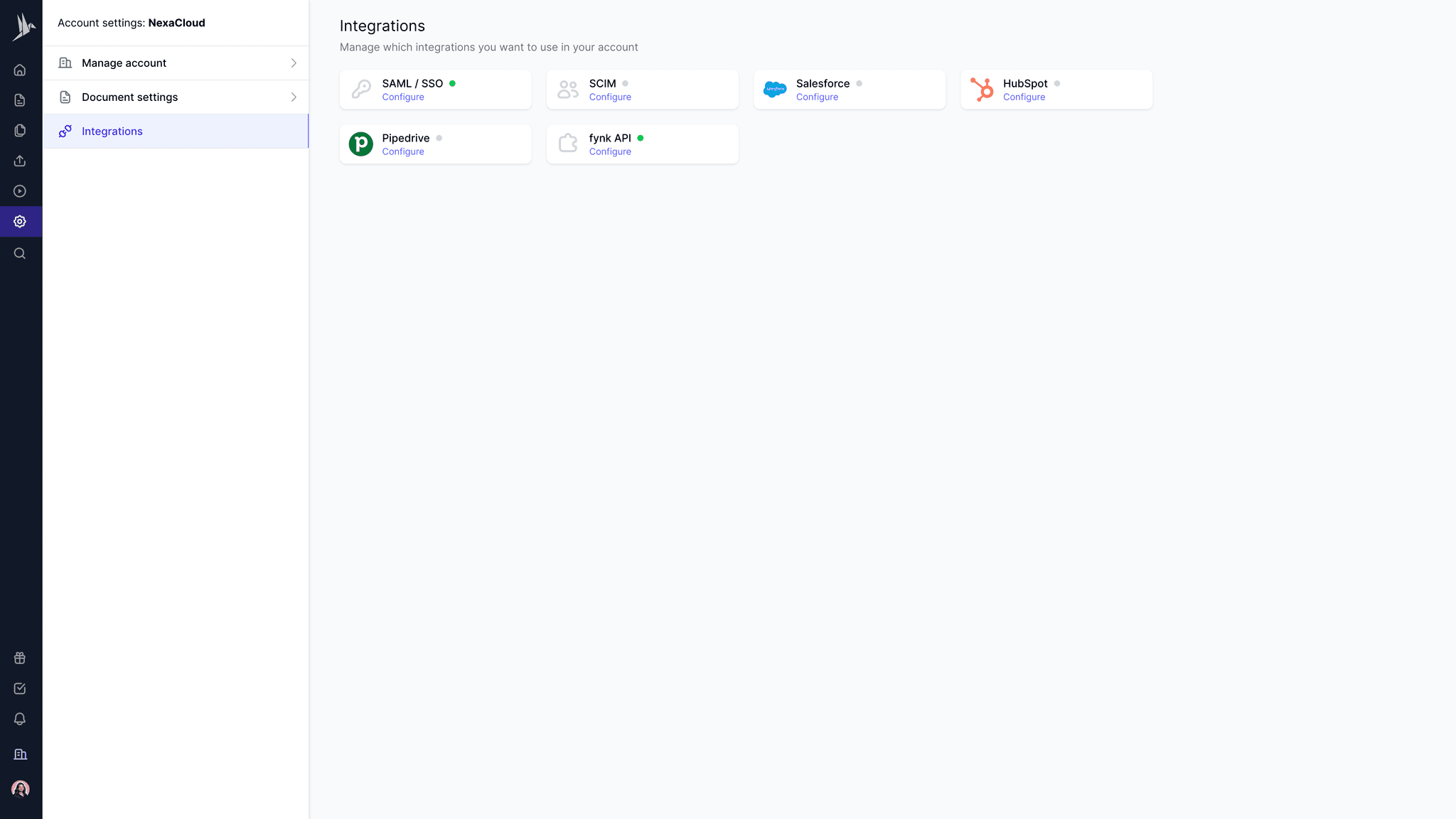 Integrations tab in fynk