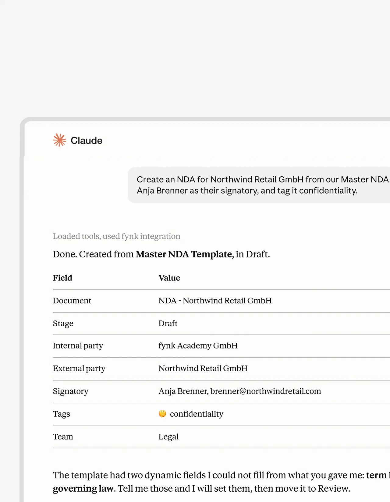 Claude creating a document from a fynk template Claude creating a document from a fynk template
