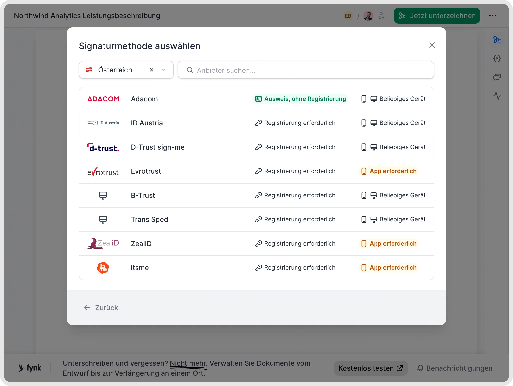 Auswahl der Signaturmethode in fynk für Österreich mit Adacom, ID Austria, D-Trust sign-me, itsme und weiteren Anbietern