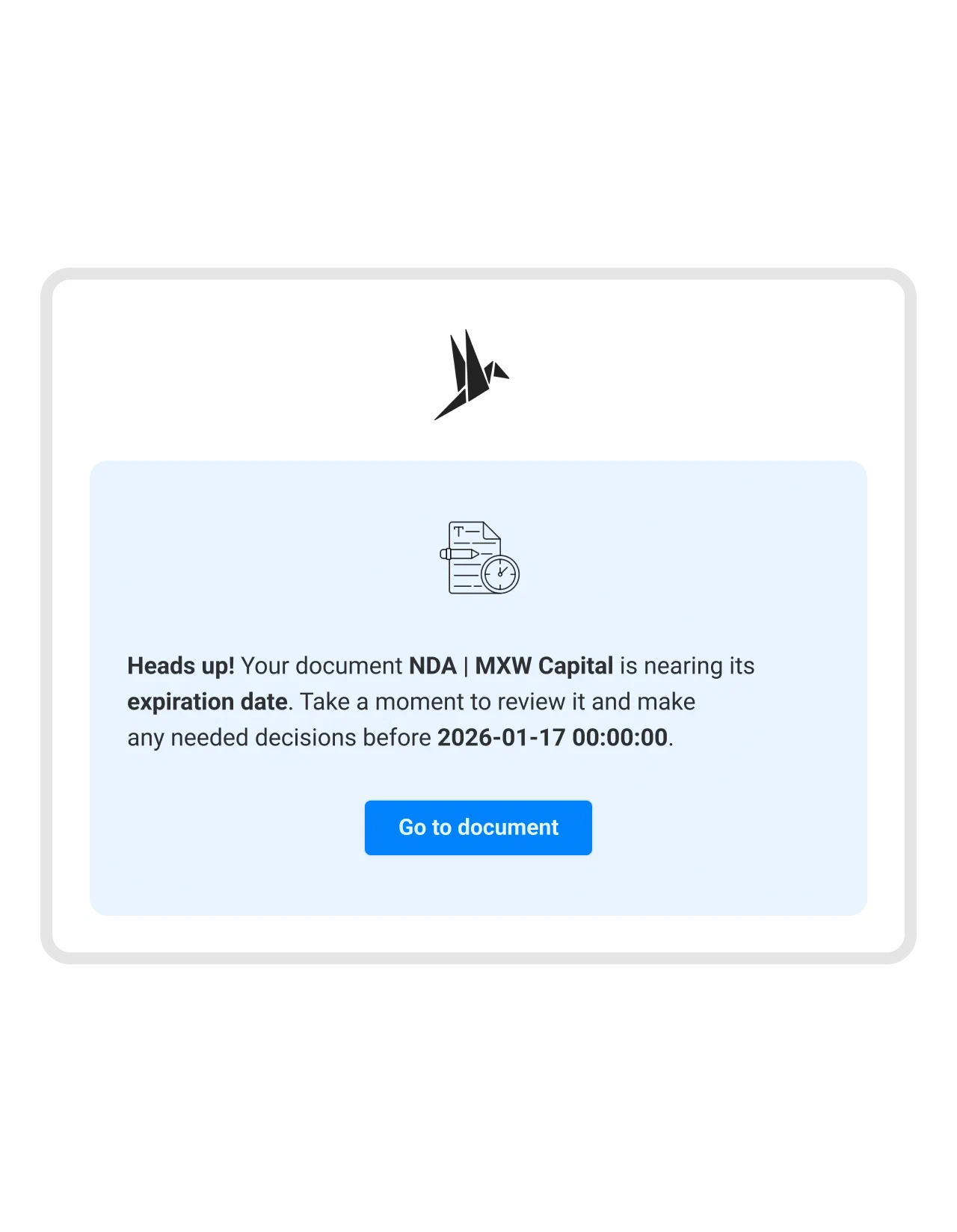 A reminder email before a contract expires A fynk reminder email saying an NDA is nearing its expiration date, with a button to open the document