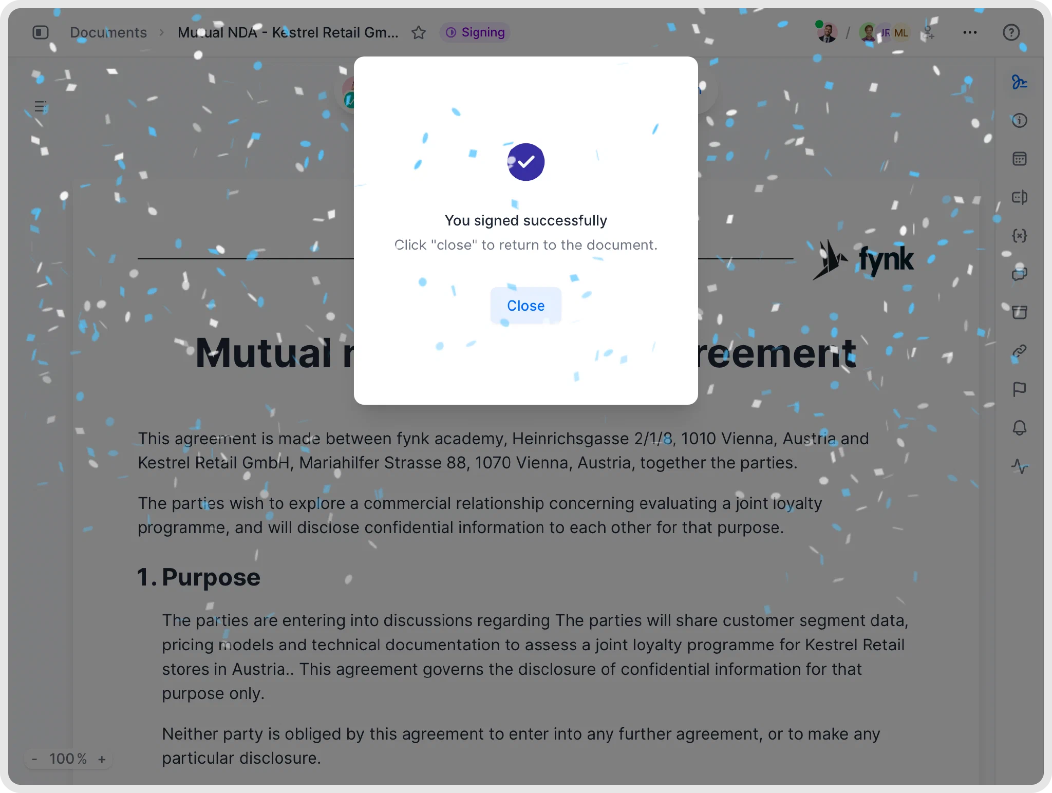 Signature confirmed in fynk fynk confirms You signed successfully after the signer signs a mutual NDA