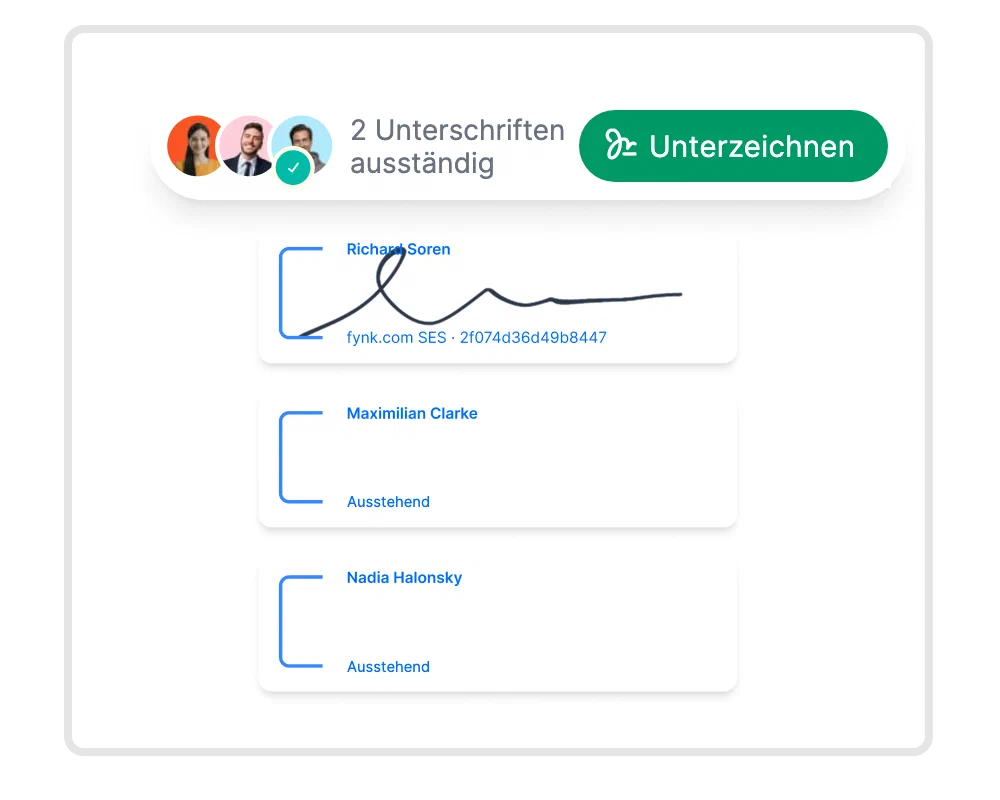 Ausstehende Unterschriften in fynk verfolgen Ausstehende Unterschriften in fynk: eine Person hat unterschrieben, zwei Unterschriften stehen noch aus