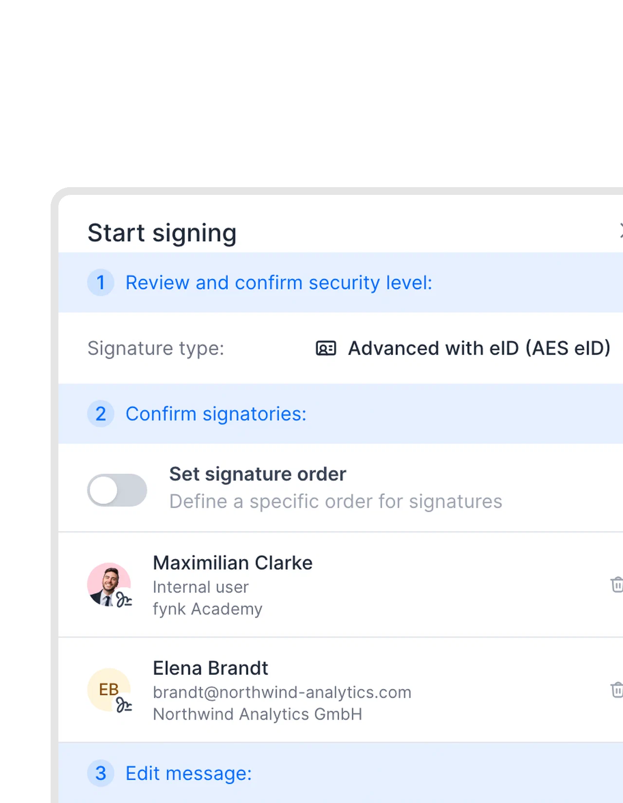 Choosing the signature type when signing in fynk
