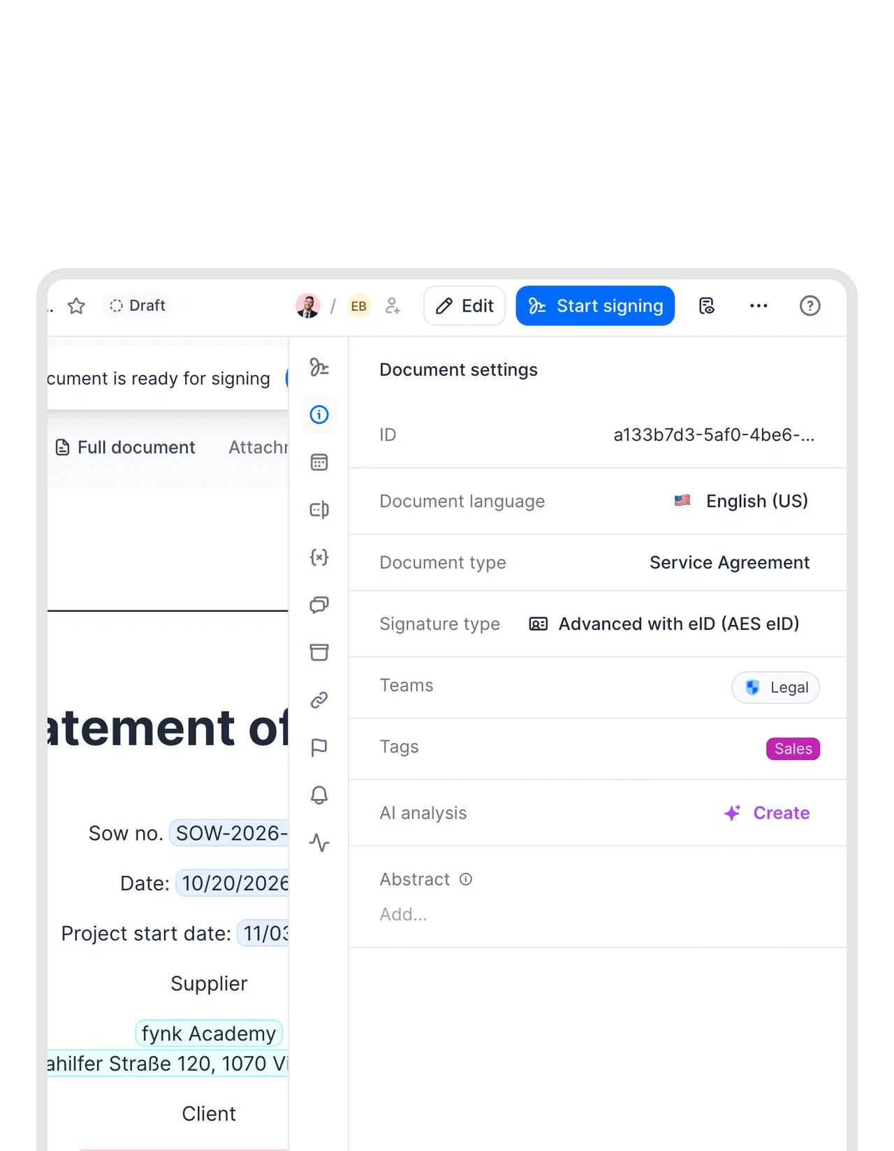Setting the document type and signature type in fynk Document settings in fynk showing the document type and the signature type, with the Start signing button above