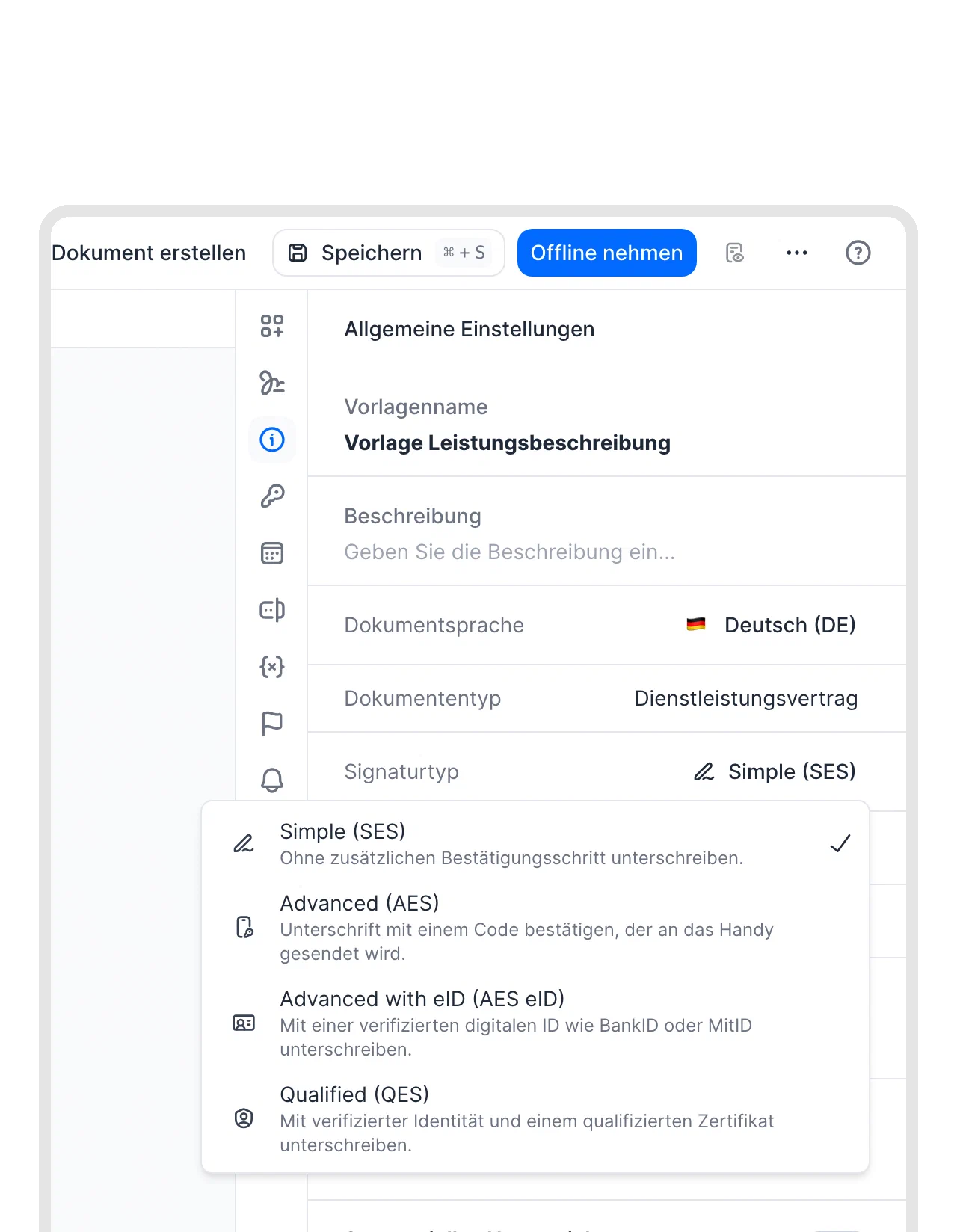 Signaturtyp-Auswahl in fynk mit Simple (SES), Advanced (AES), Advanced with eID (AES eID) und Qualified (QES)