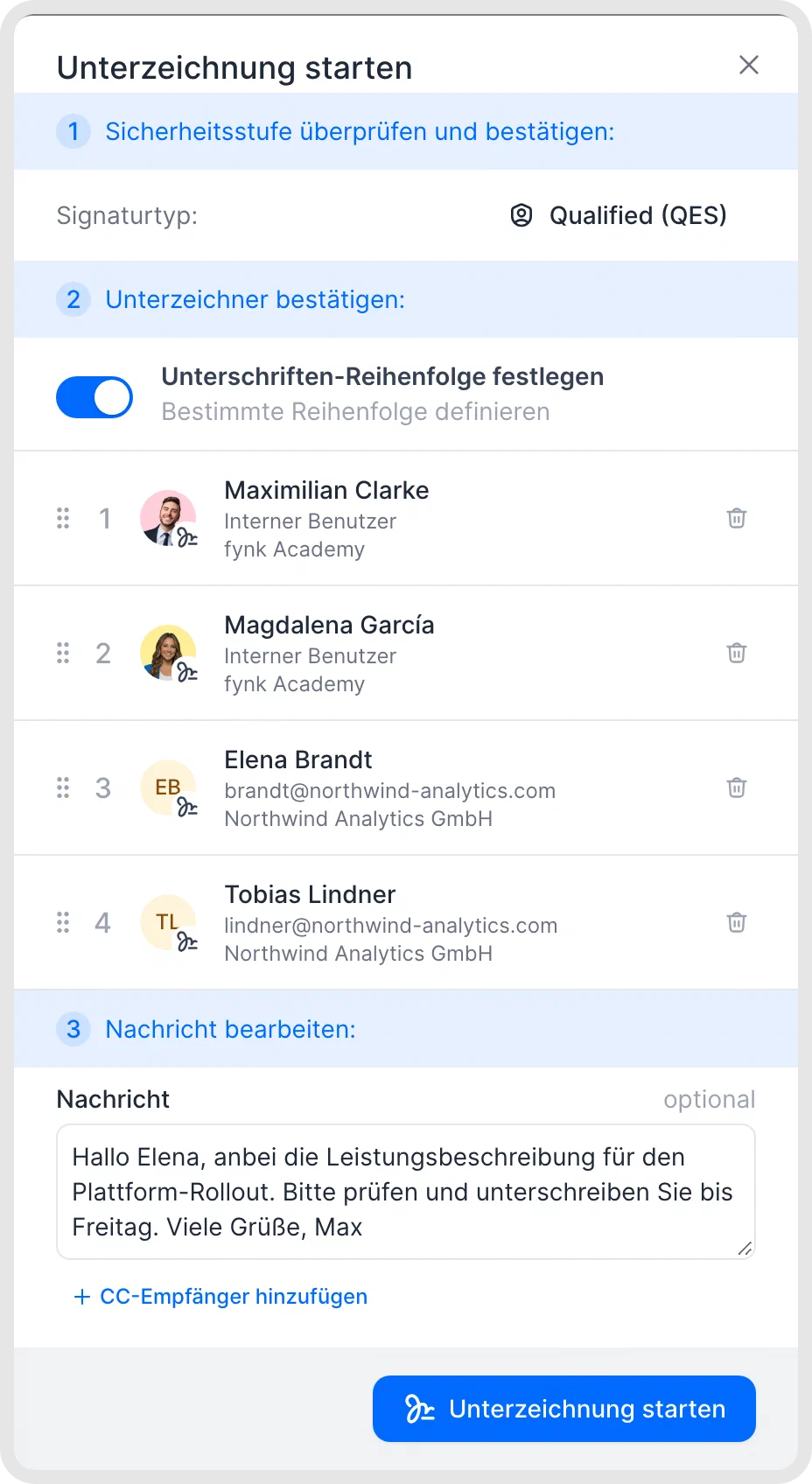 Dialog „Unterzeichnung starten“ in fynk mit Signaturtyp Qualified (QES), zwei Unterzeichnern und optionaler Nachricht