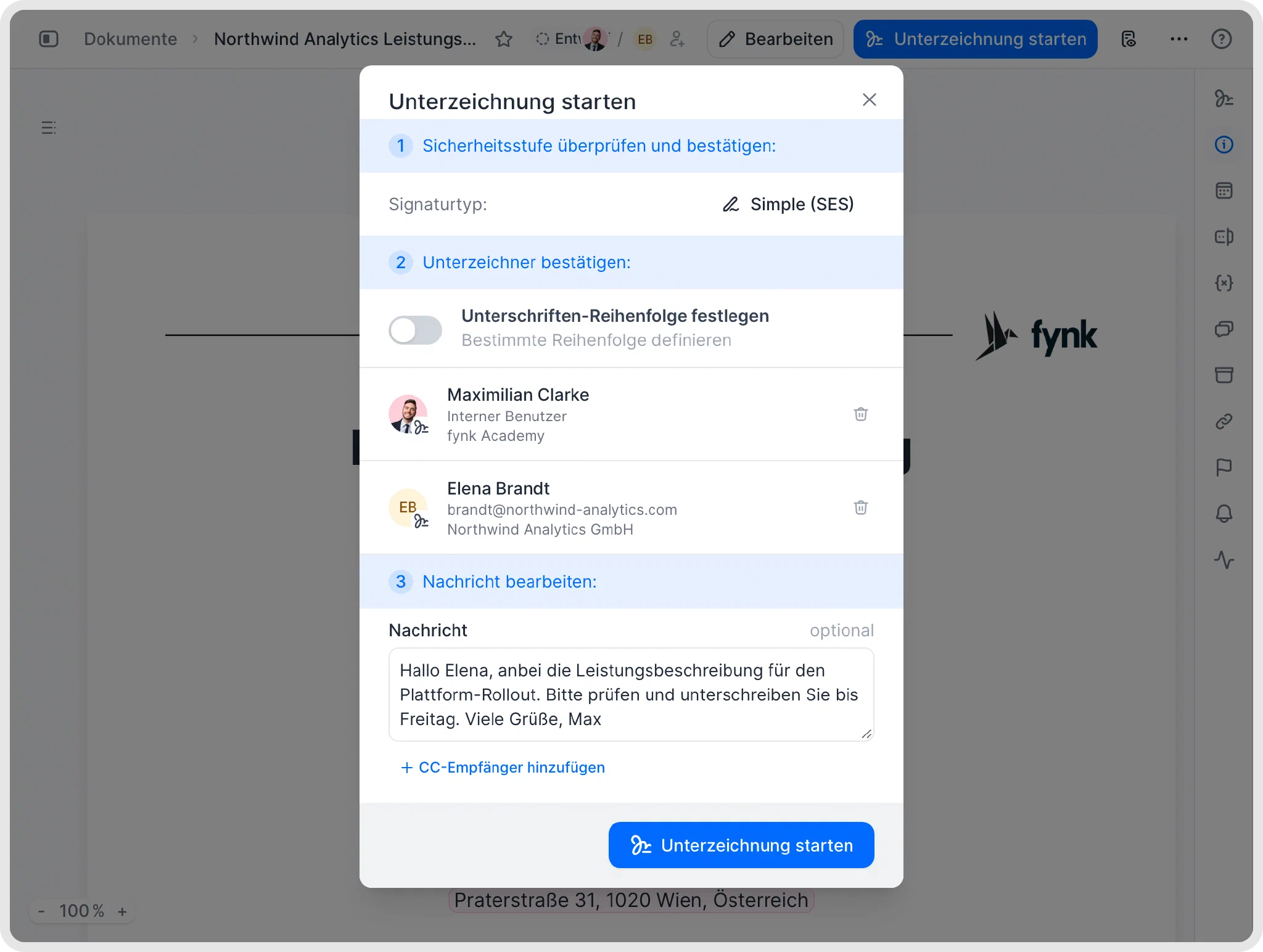 Dialog „Unterzeichnung starten“ in fynk mit Signaturtyp Simple (SES), zwei Unterzeichnern und Nachricht
