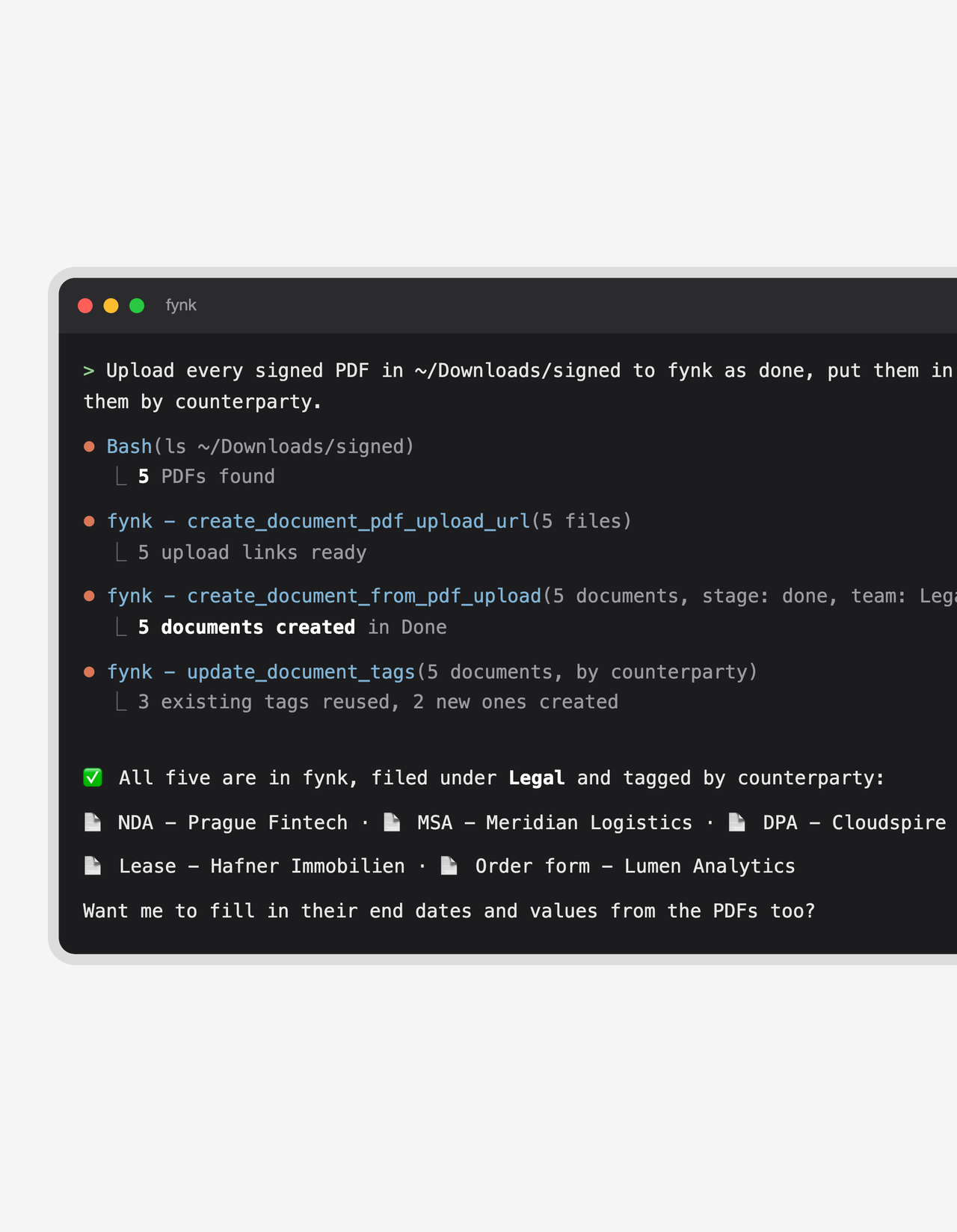 Incoming contracts land in fynk, not in your downloads folder.