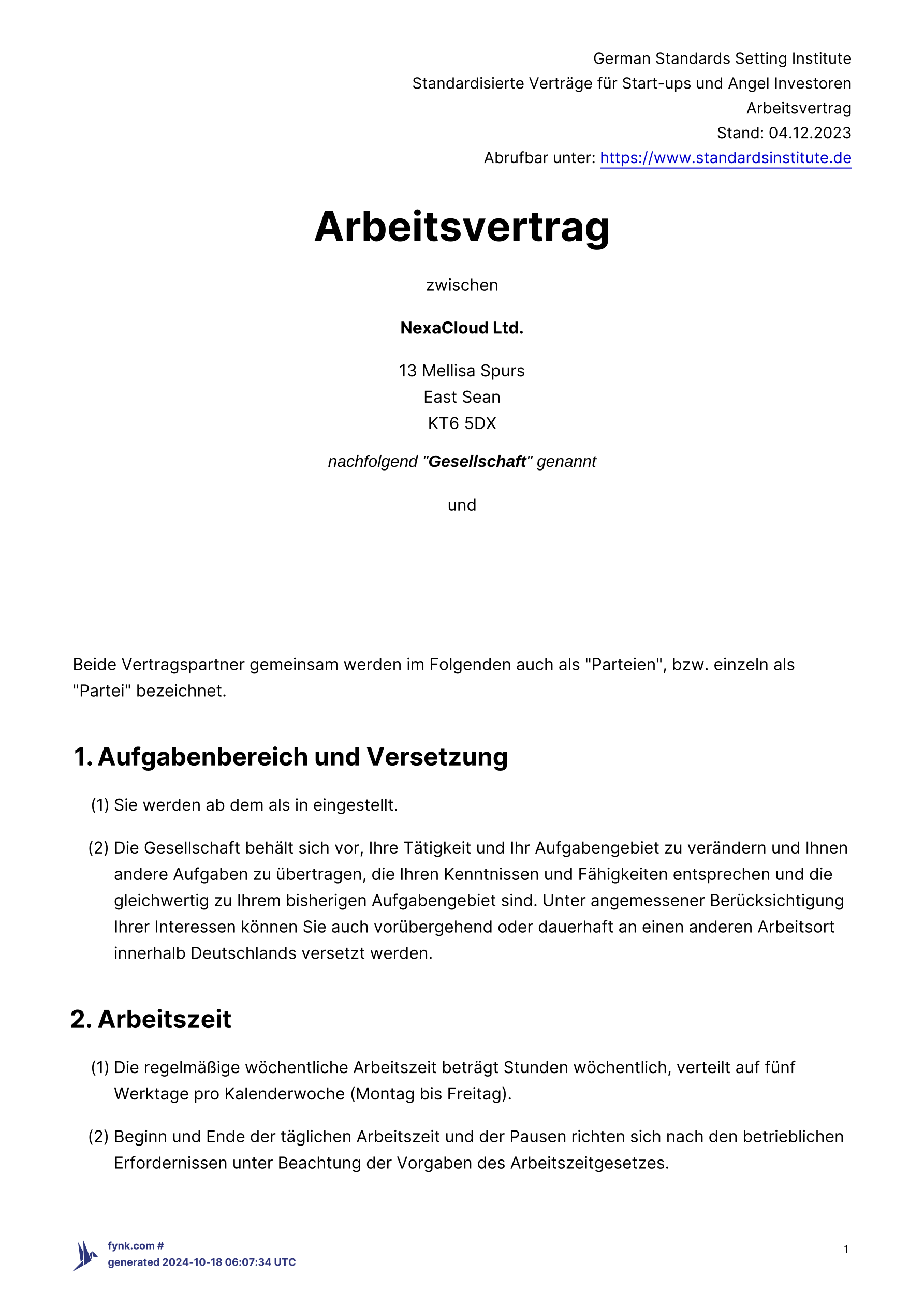 Arbeitsvertrag (GESSI, standardsinstitute.de) screenshot