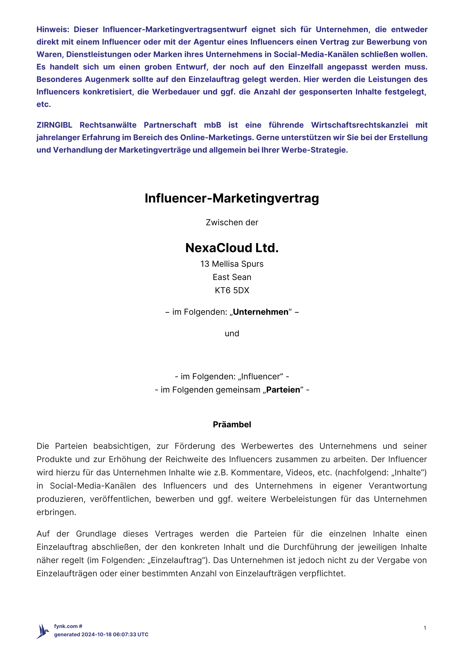 Influencer-Vertrag Vorlage template screenshot