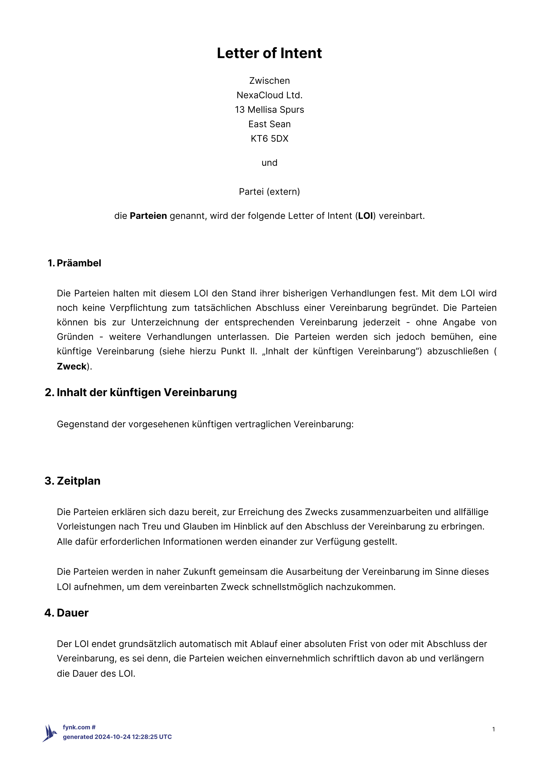 Letter of Intent (LOI) (Absichtserklärung) Muster und Vorlage