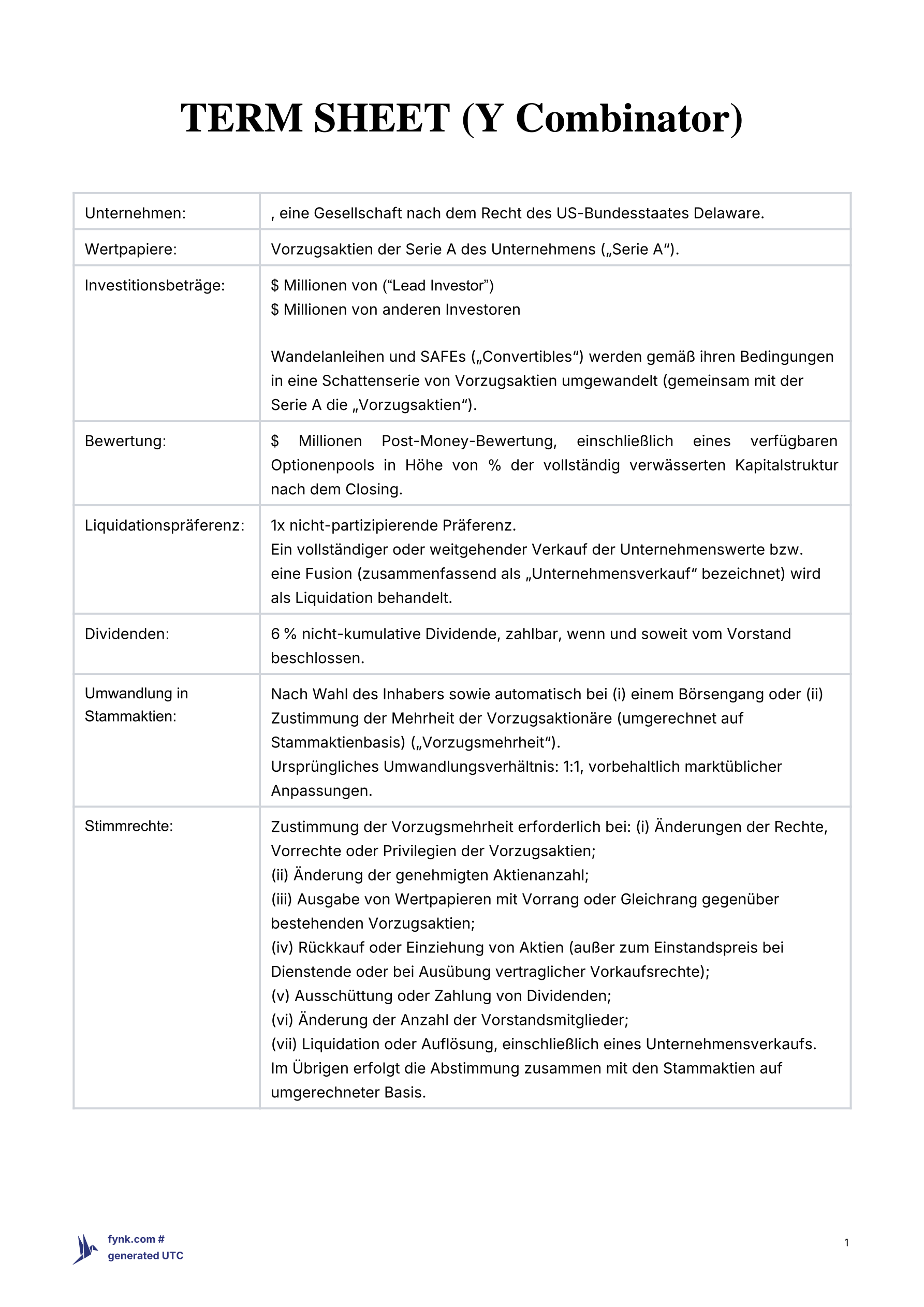 Term Sheet Vorlage (YCombinator) template screenshot