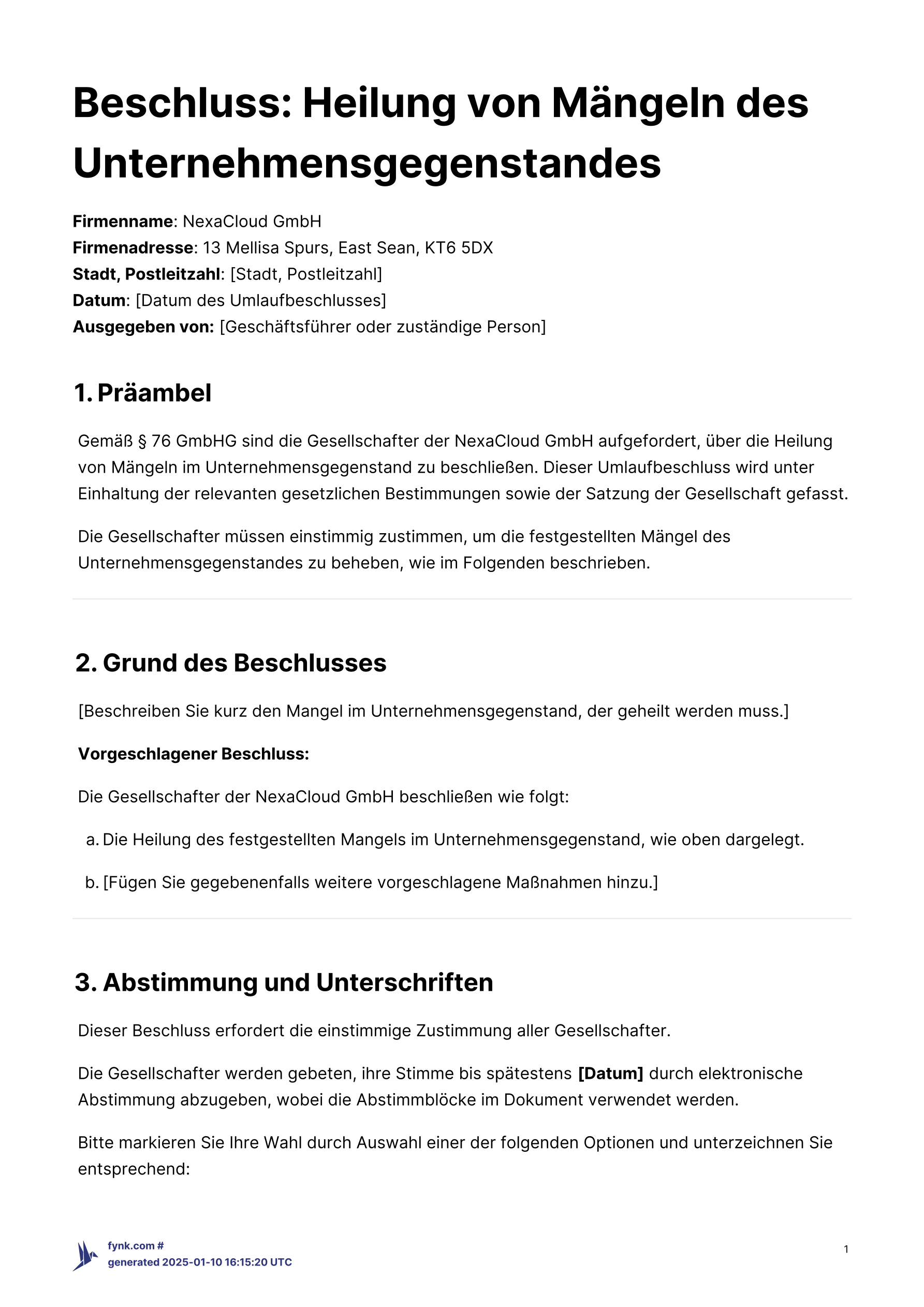 Umlaufbeschluss zur Korrektur von Mängeln im Unternehmenszweck - Vorlage template screenshot