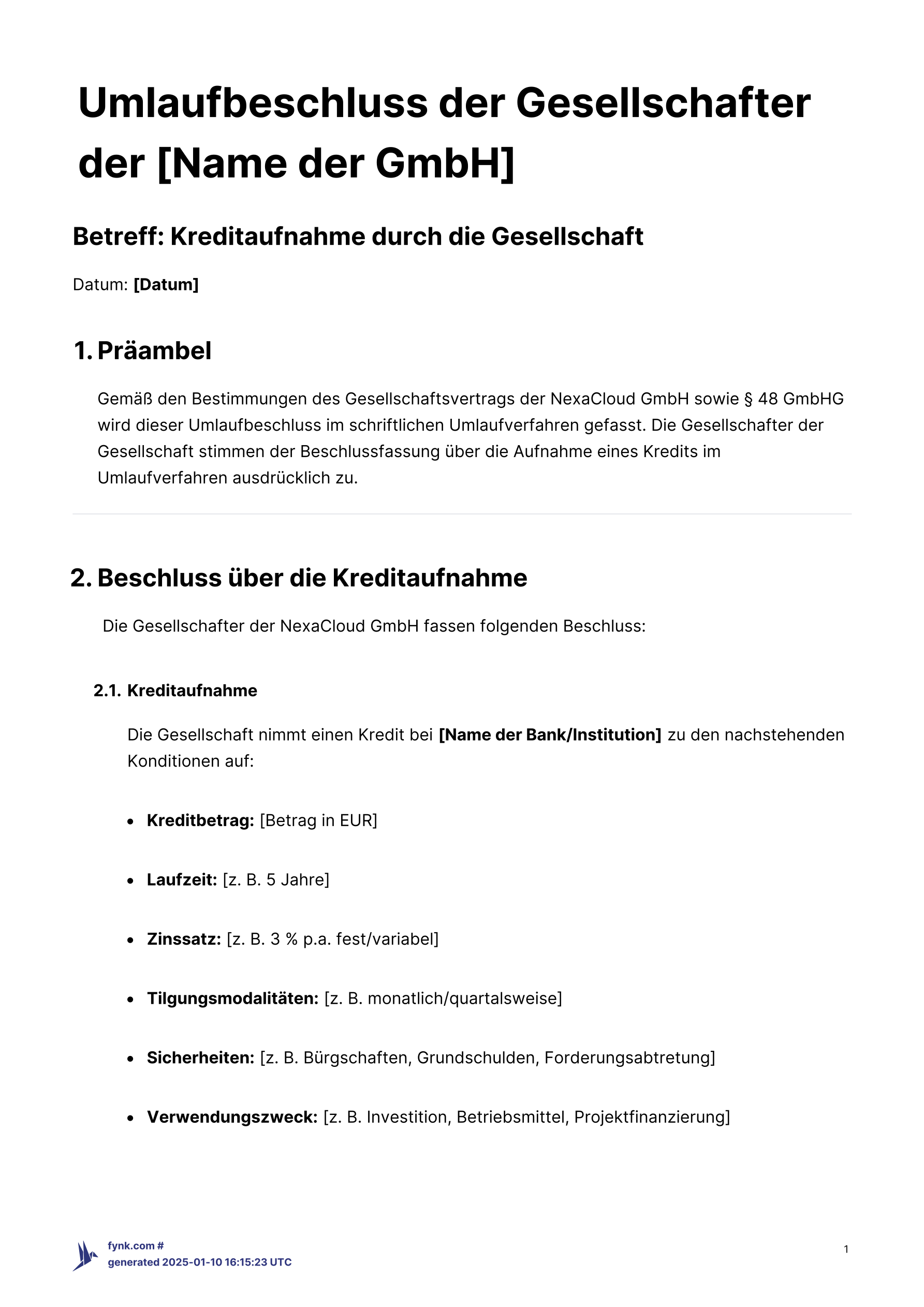 Umlaufbeschluss zur Kreditaufnahme - Vorlage template screenshot