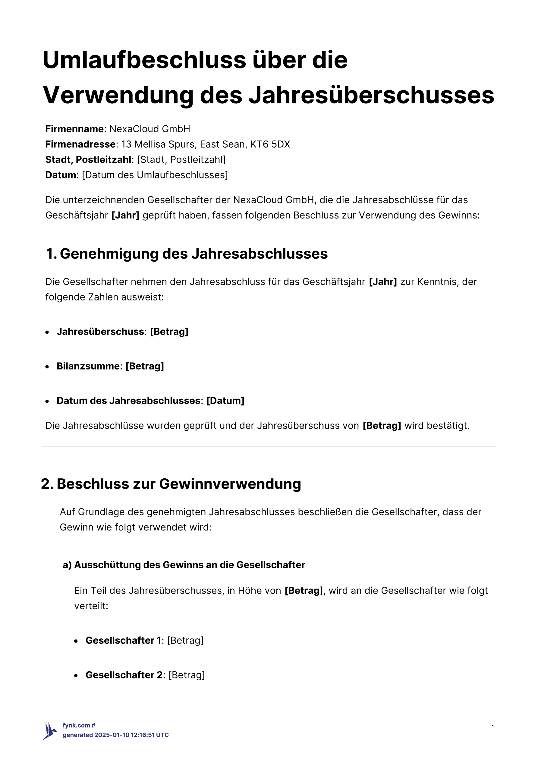 Umlaufbeschluss über die Verwendung des Jahresüberschusses – Vorlage template screenshot