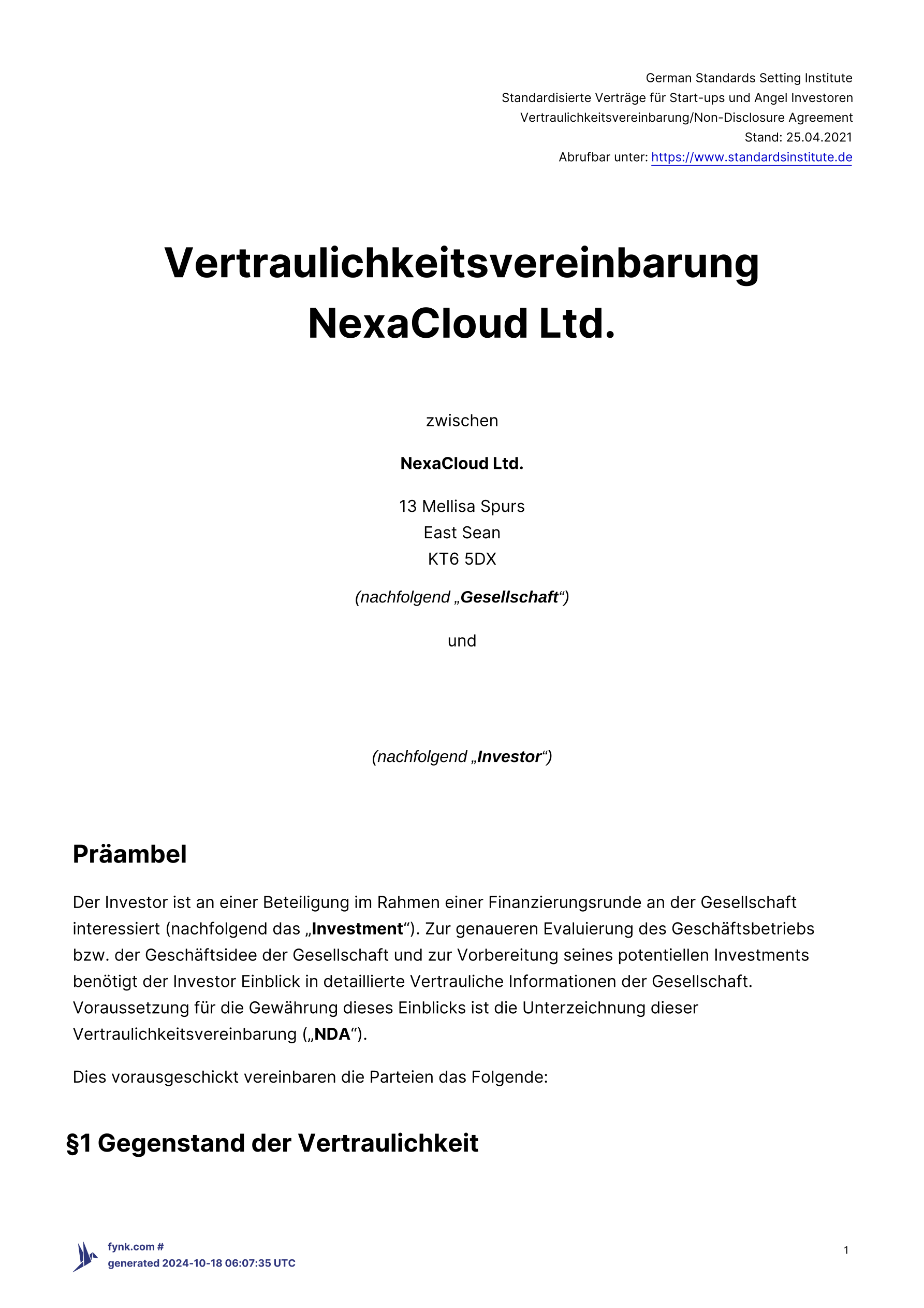 Vertraulichkeitsvereinbarung/NDA für Investoren template screenshot