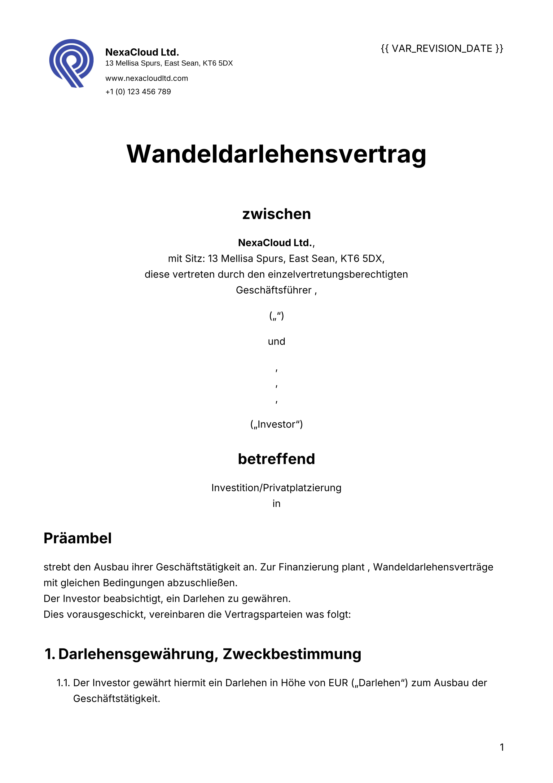 Vorlage für einen Wandeldarlehensvertrag template screenshot
