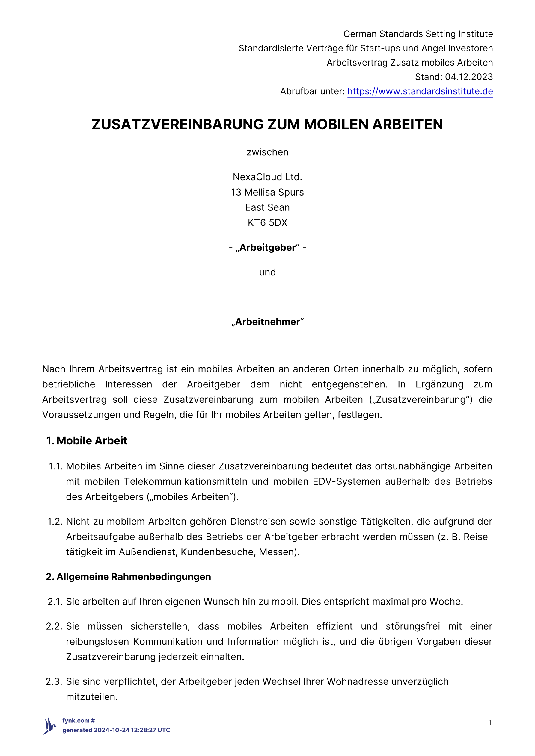 Zusatzvereinbarung mobiles Arbeiten template screenshot