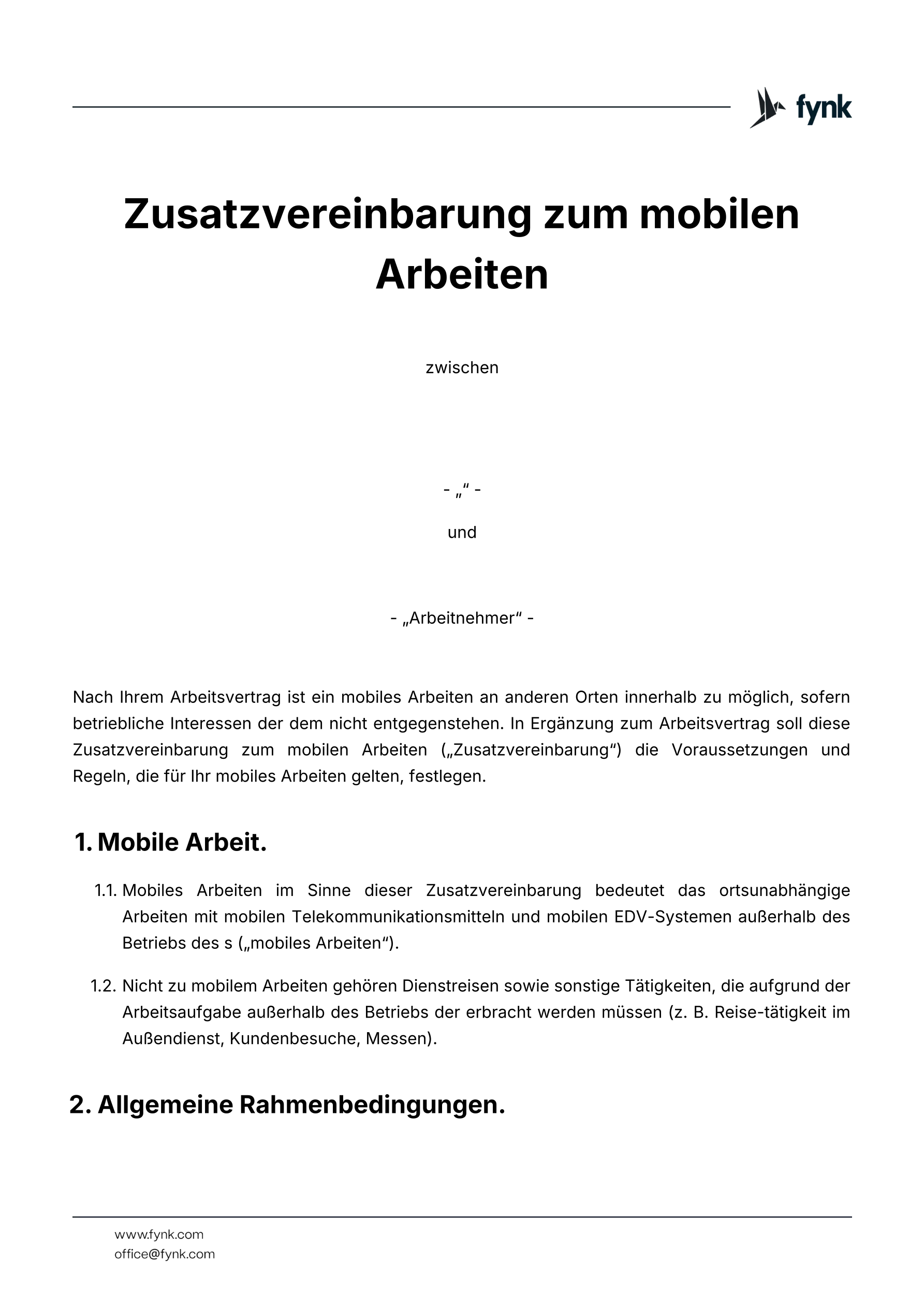 Zusatzvereinbarung mobiles Arbeiten