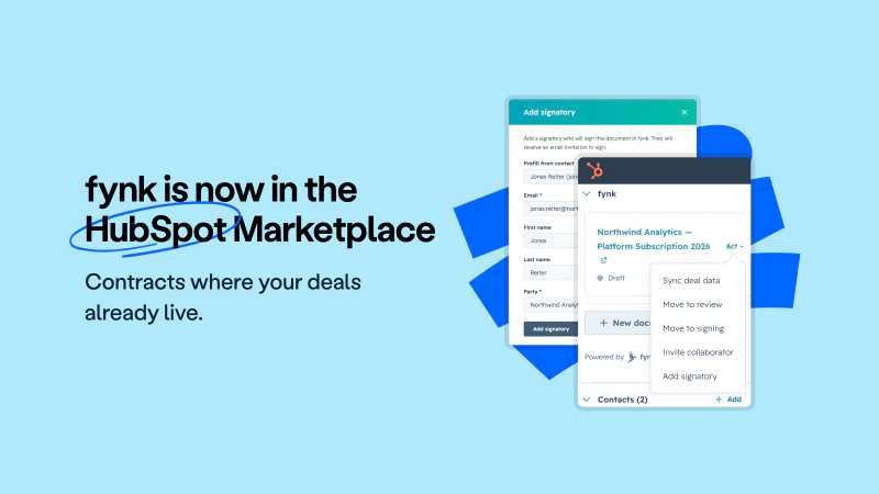 Blog post cover image: fynk in the HubSpot Marketplace: contracts where your deals live