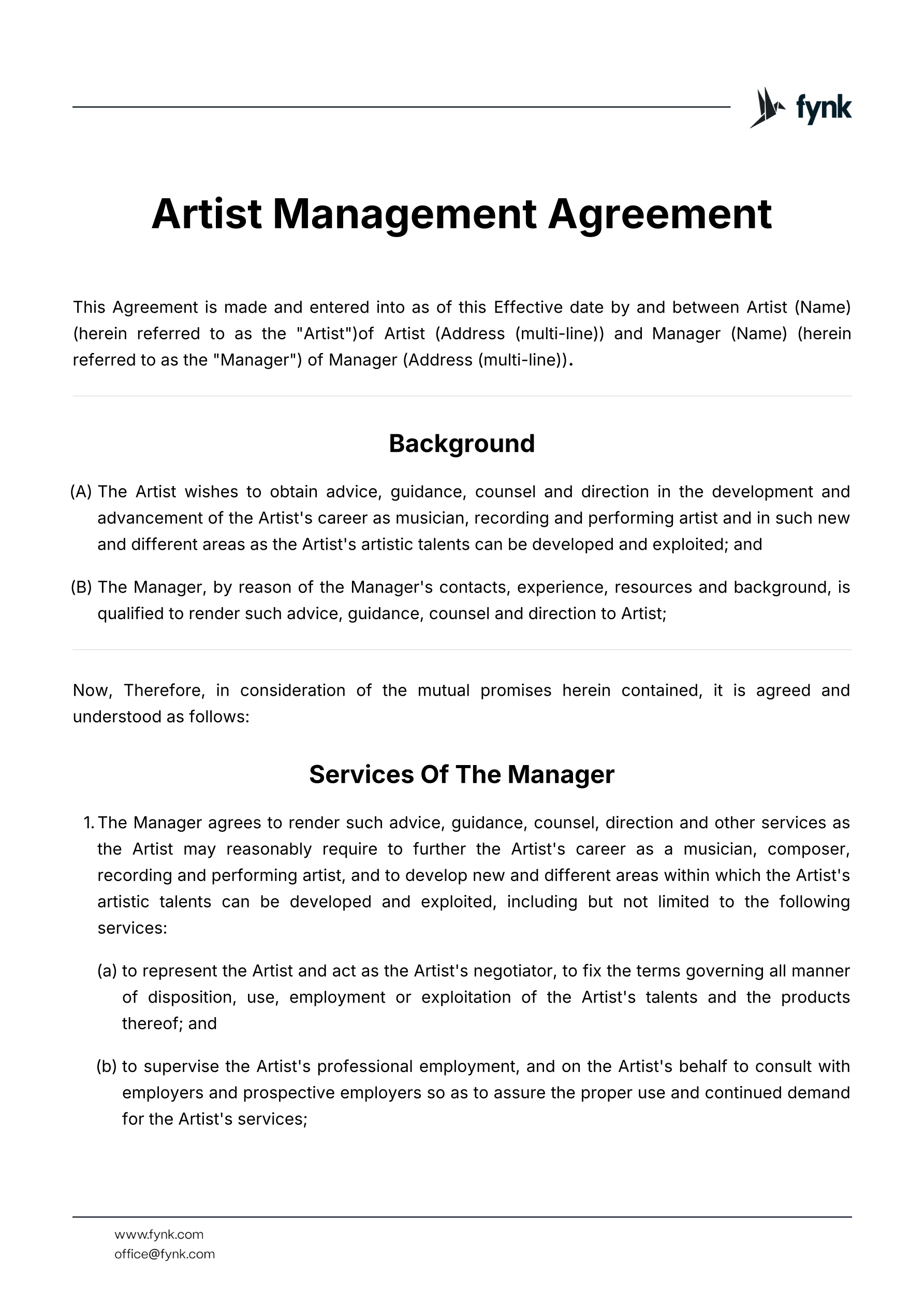 Artist Management Agreement screenshot