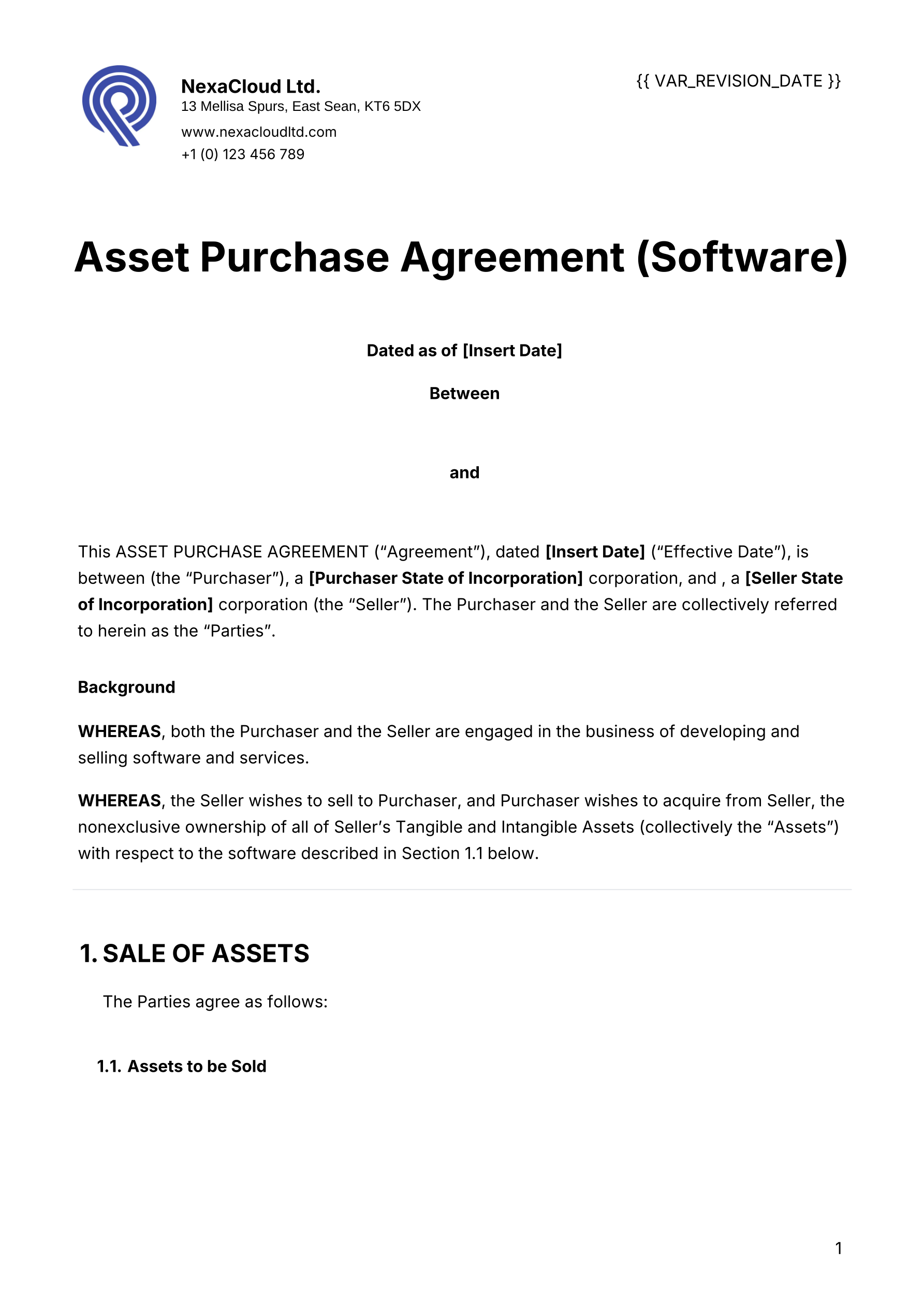 Asset Purchase Agreement (APA) Template template screenshot