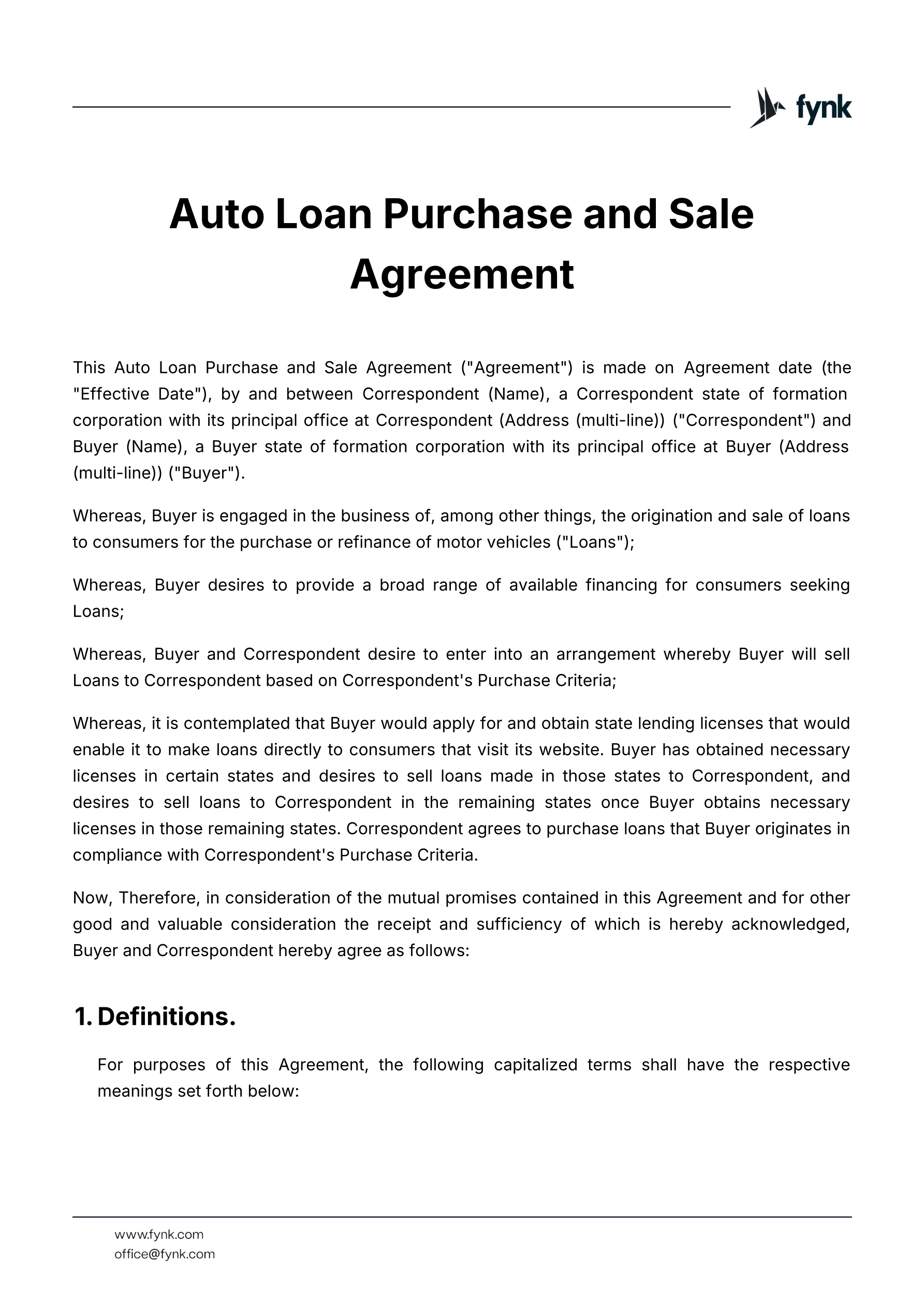Auto loan purchase and sale agreement template