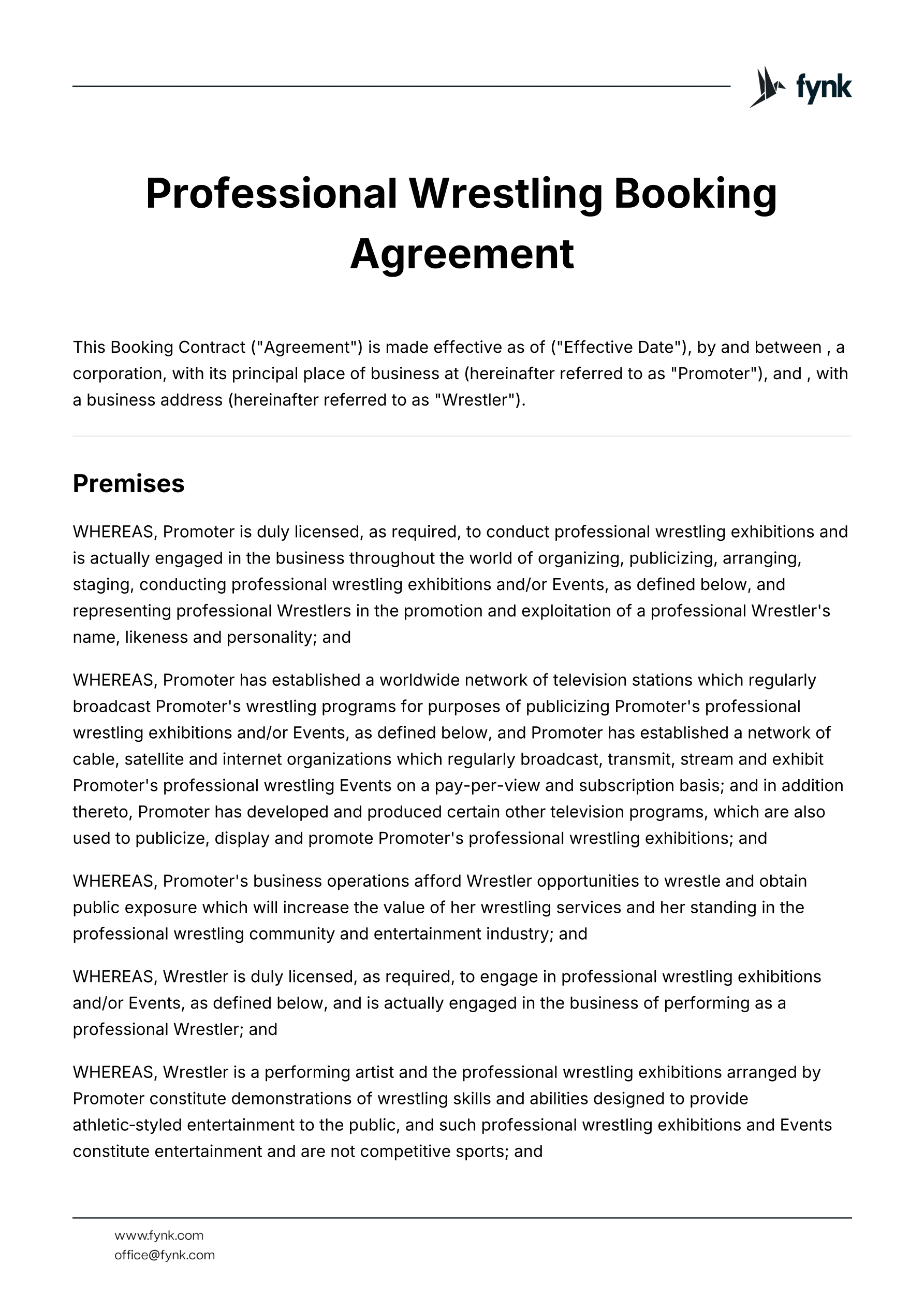 Booking Agreement Template for professional Wrestling template screenshot