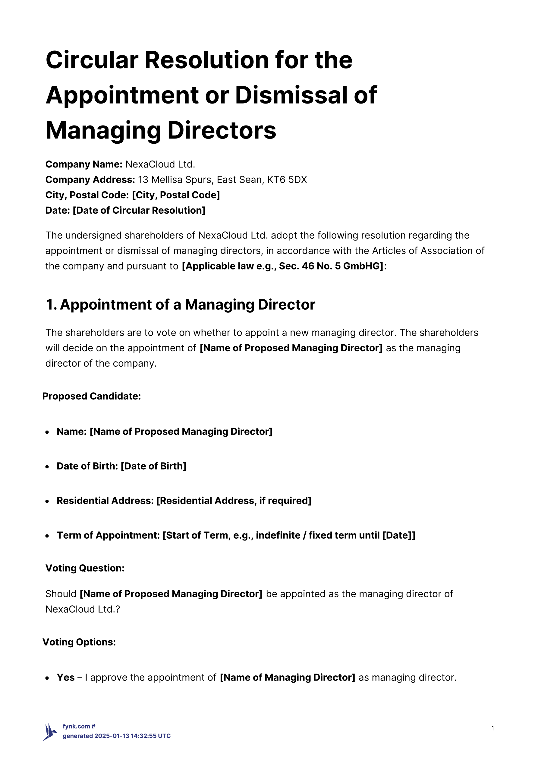 Circular Resolution - Appointment or Dismissal of Managing Directors screenshot