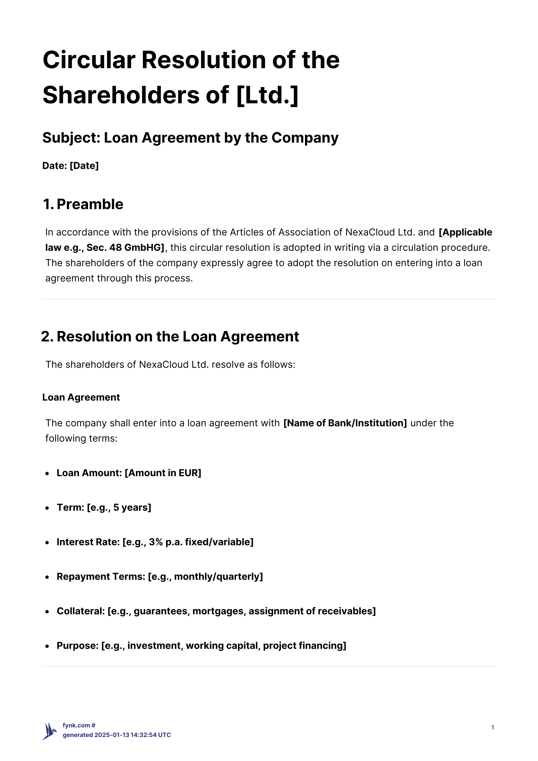 Circular Resolution for Loan Agreements - Template template screenshot