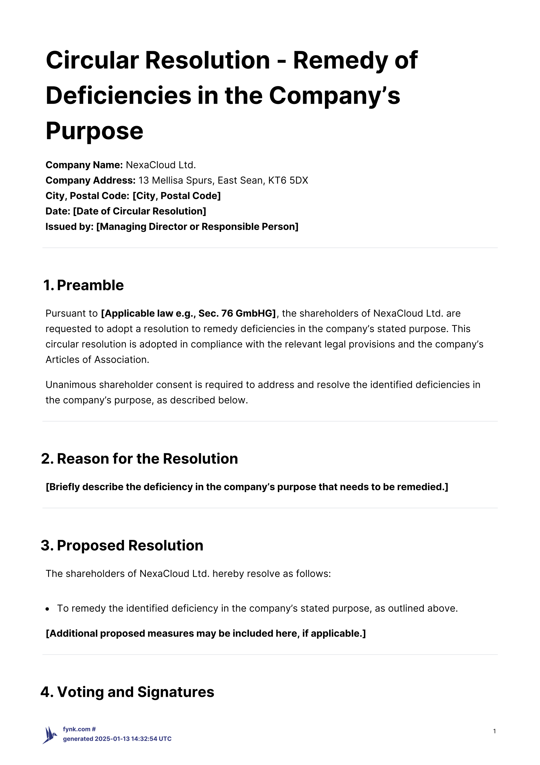 Circular Resolution for Change in Company's Purpose - Template template screenshot