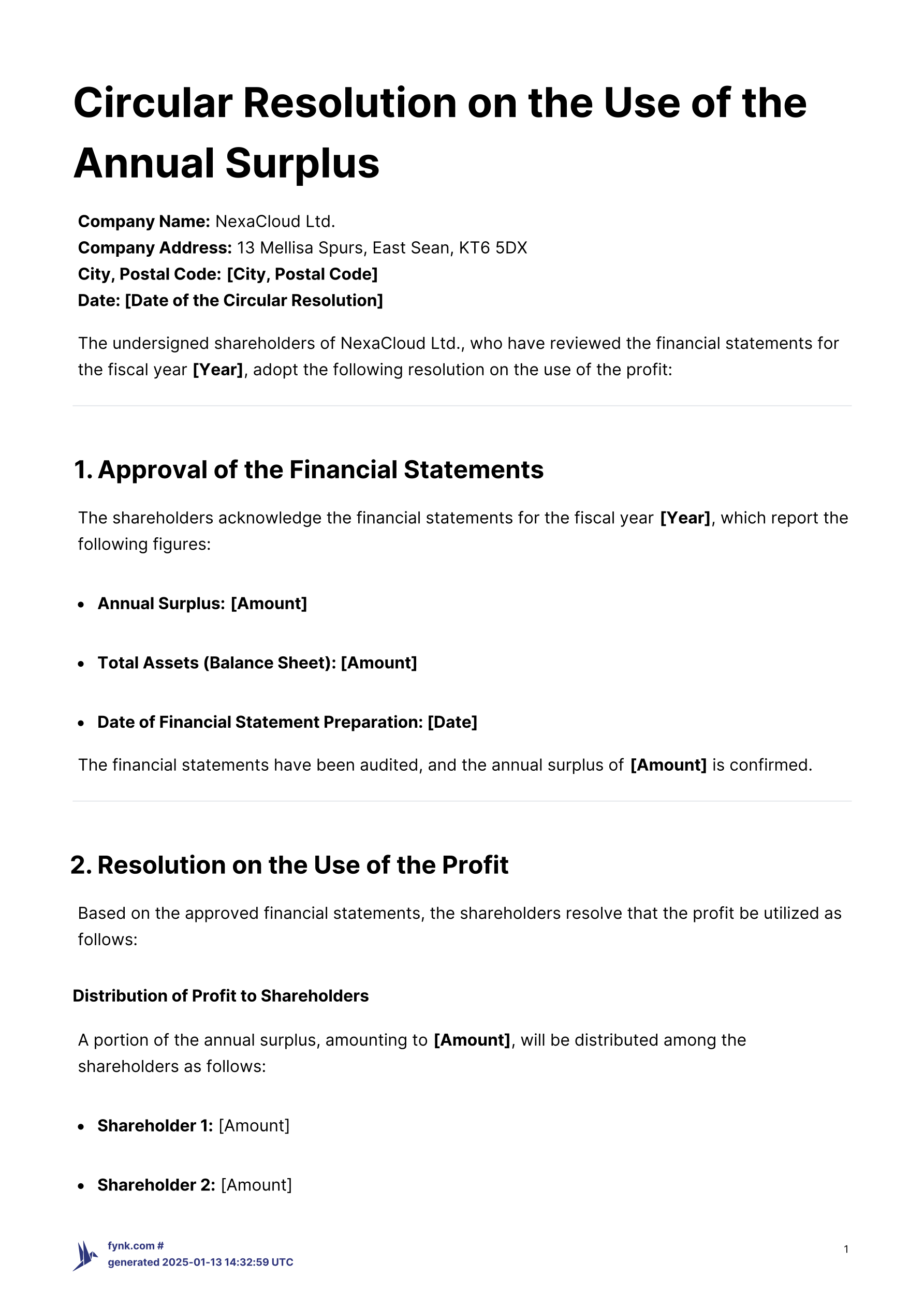 Circular Resolution for Use of Annual Surplus - Template template screenshot