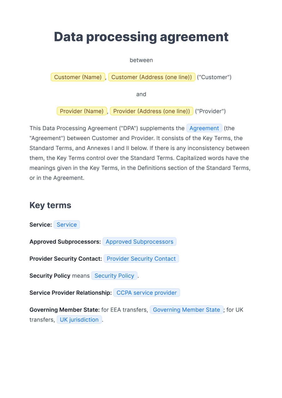 Data Processing Agreement (DPA) screenshot
