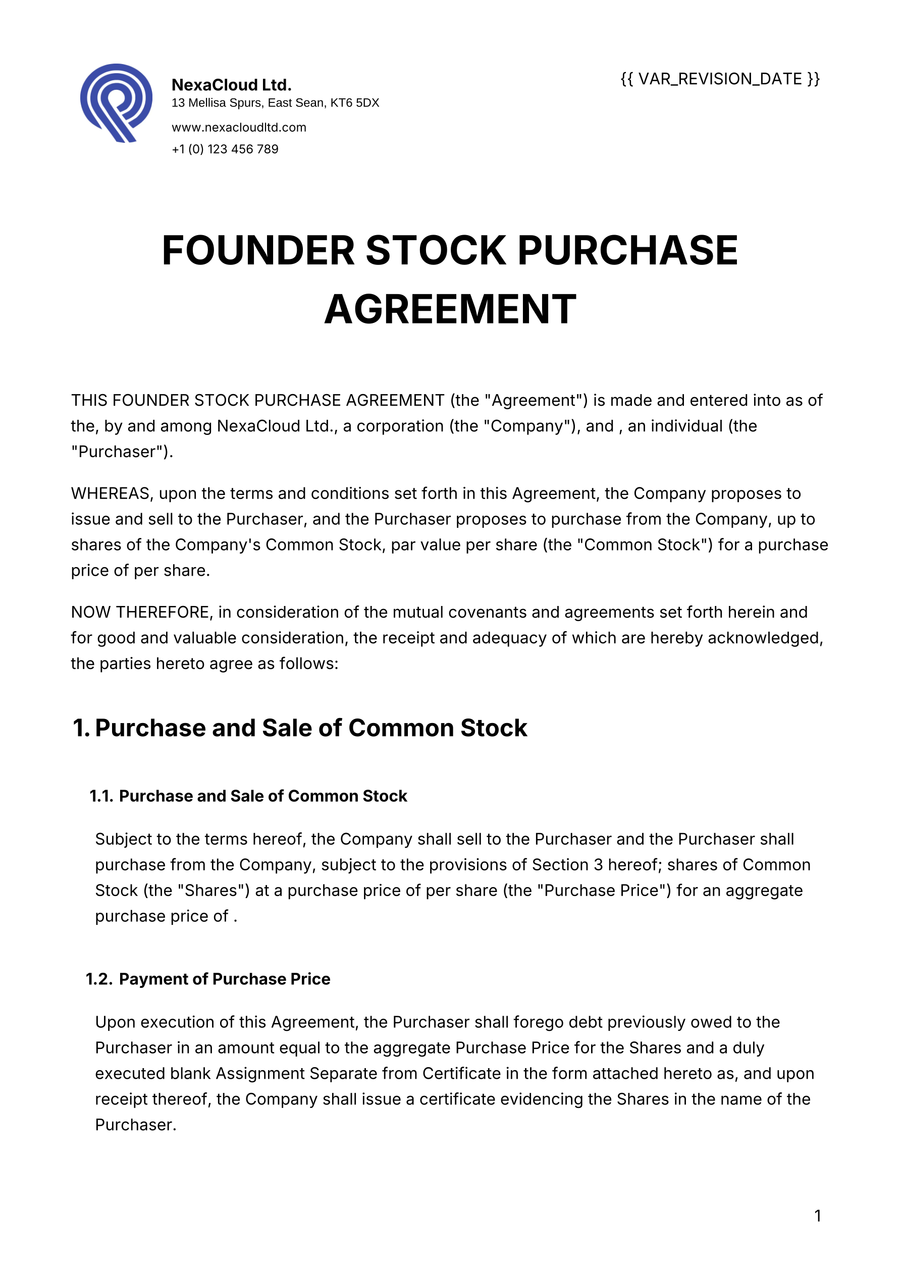 Founder Stock Purchase Agreement Templates & Examples template screenshot