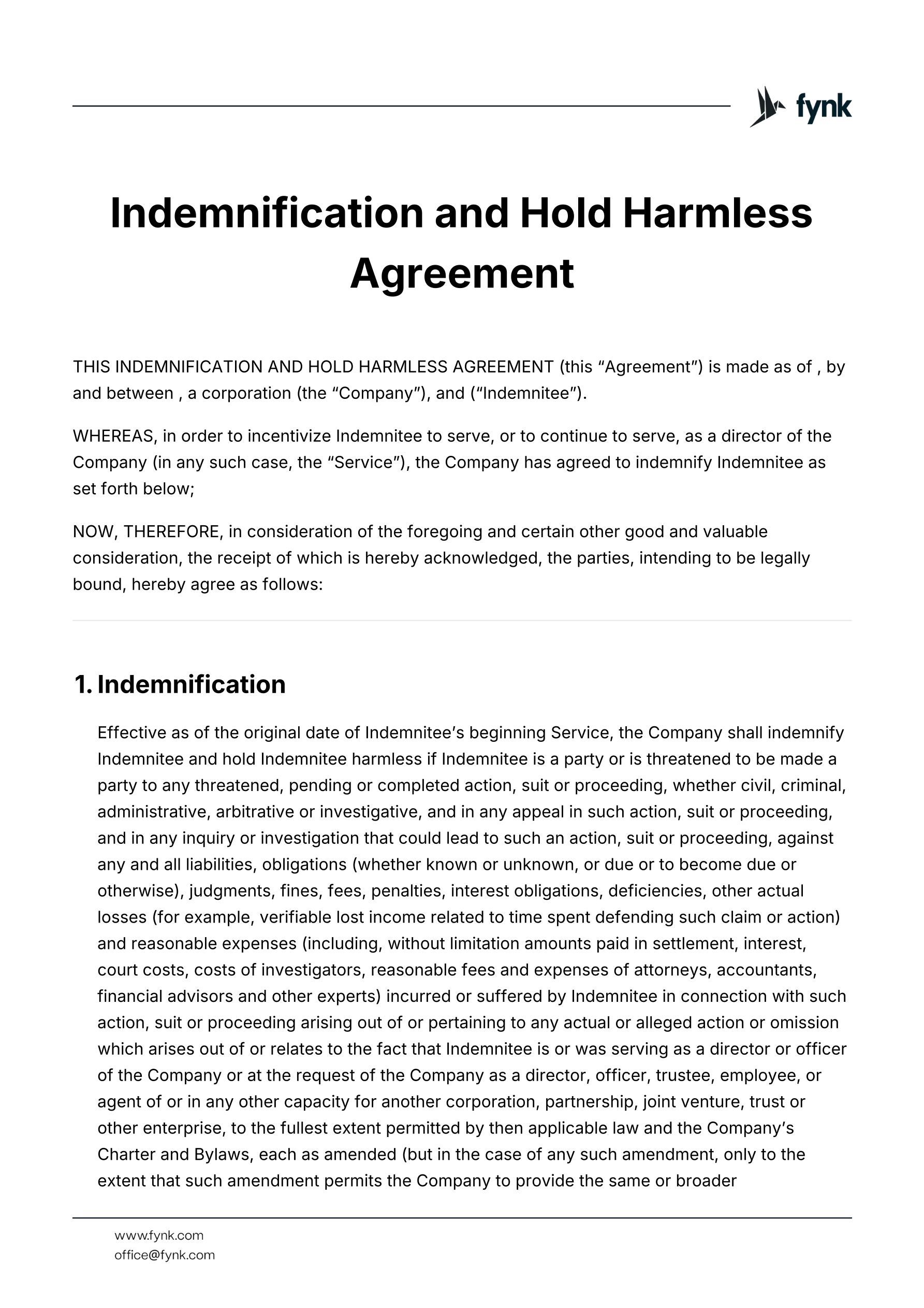 Indemnification and Hold Harmless Agreement Template template screenshot