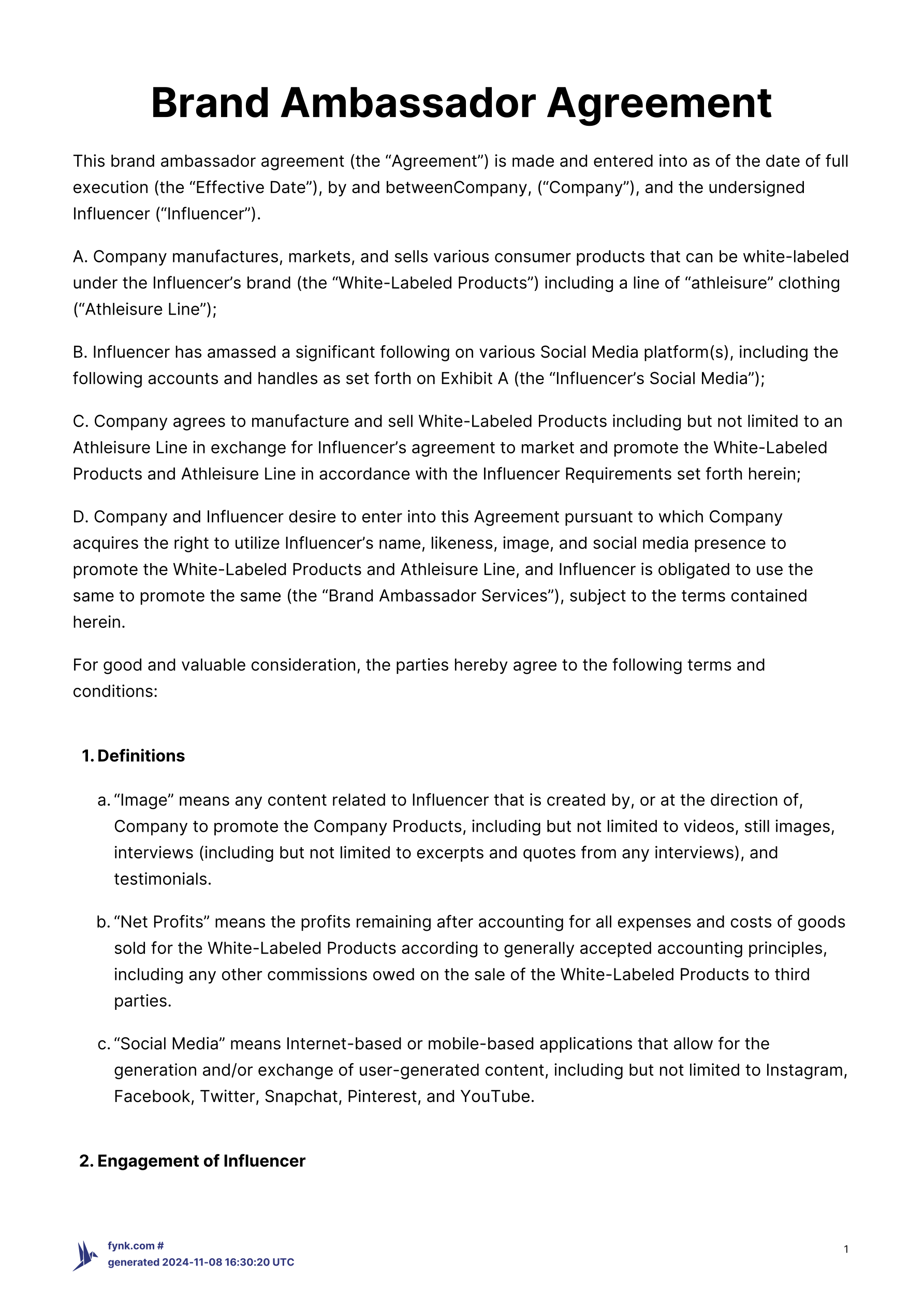 Influencer (Brand Ambassador) Agreement Template template screenshot