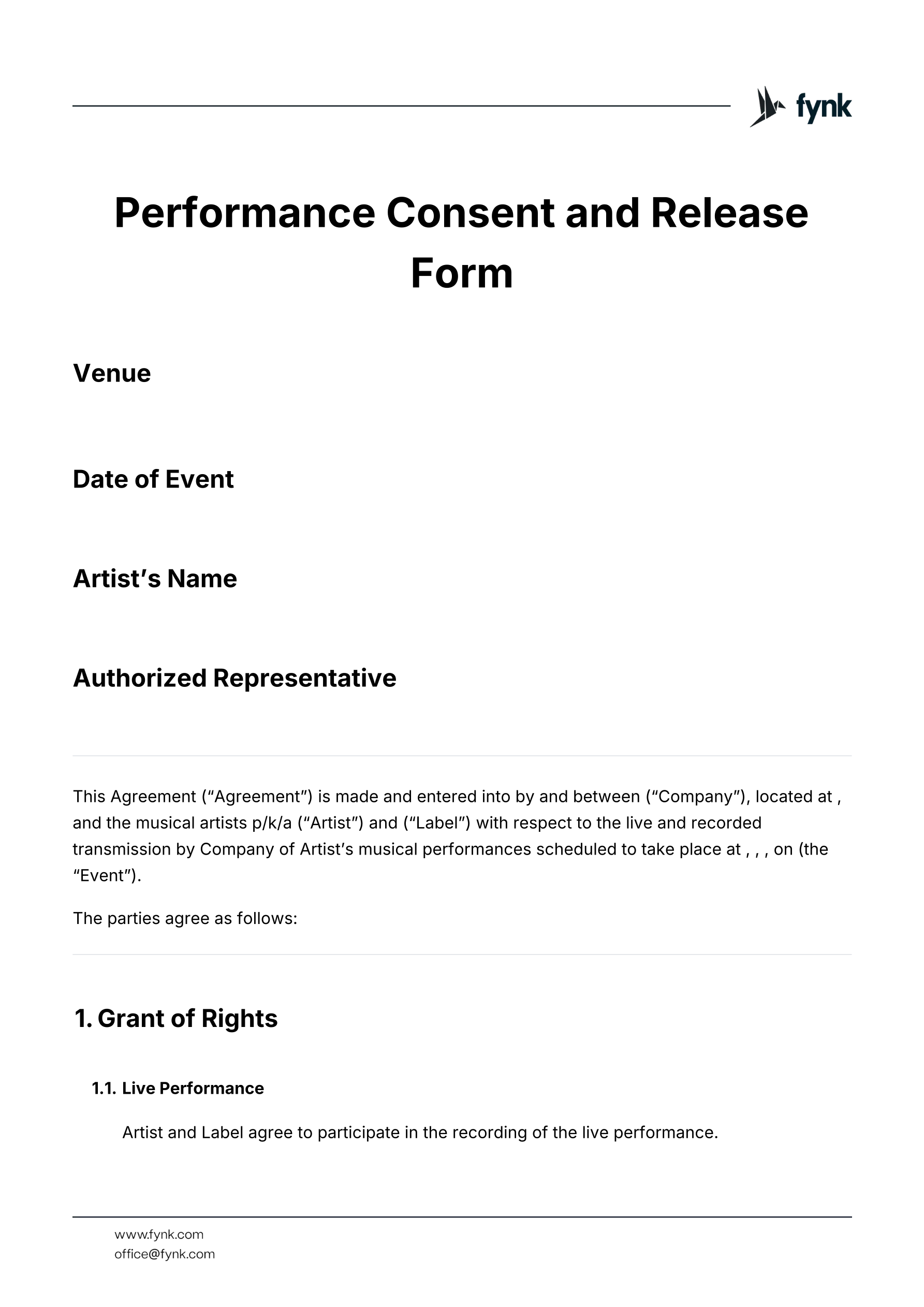 Live Performance Agreement Template (Consent and Release form) template screenshot