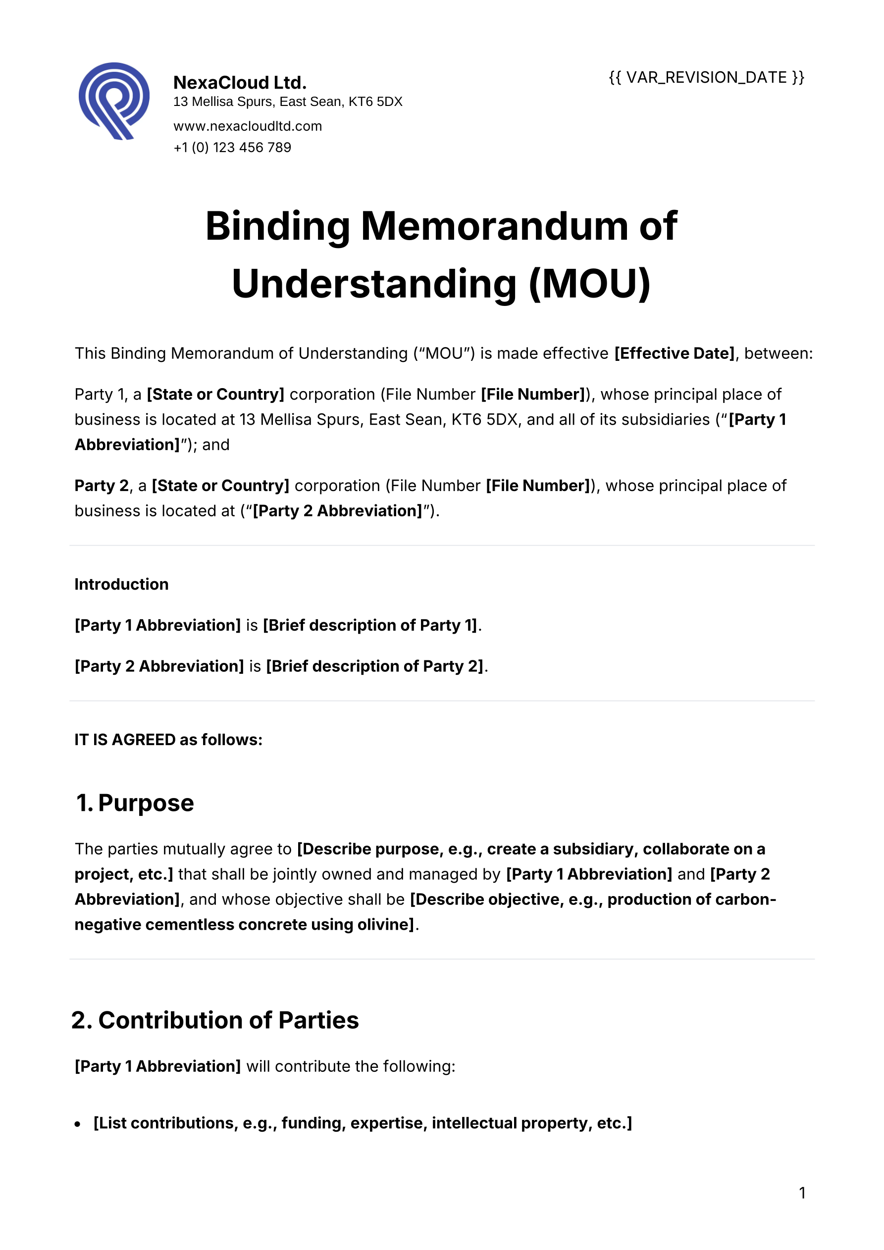 Memorandum of Understanding (MOU) Template template screenshot