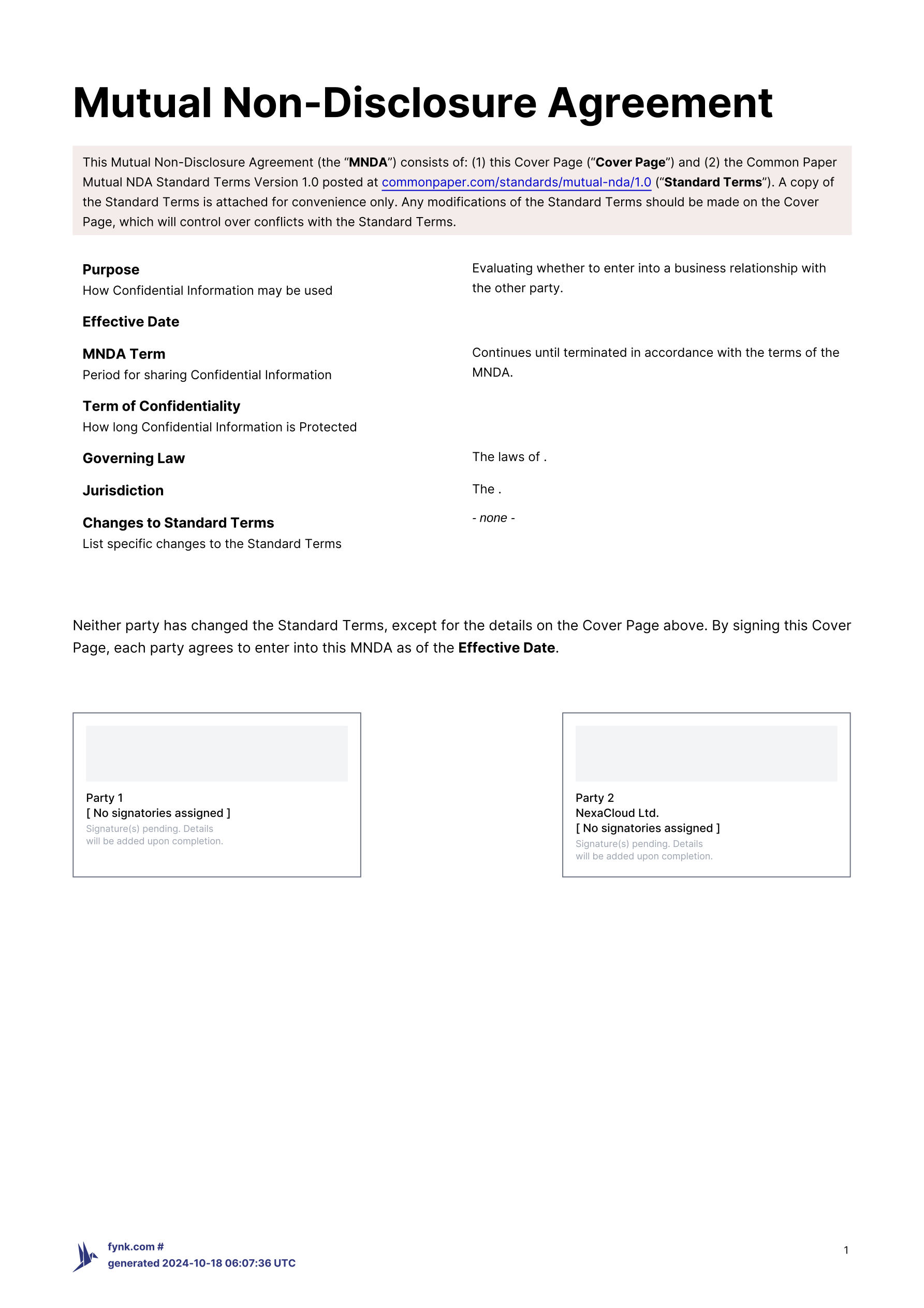 Mutual Non-Disclosure Agreement (NDA) template screenshot