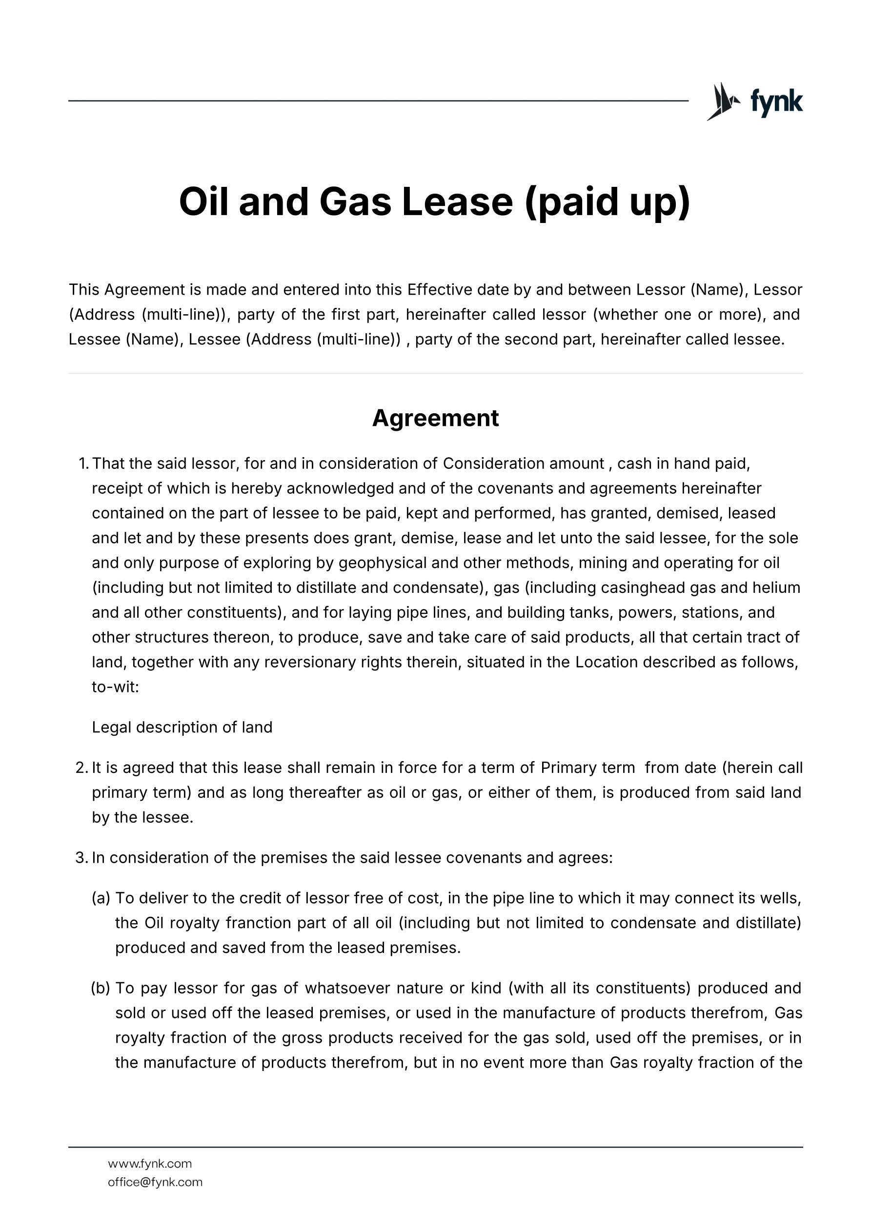 Oil and gas lease (paid up) template