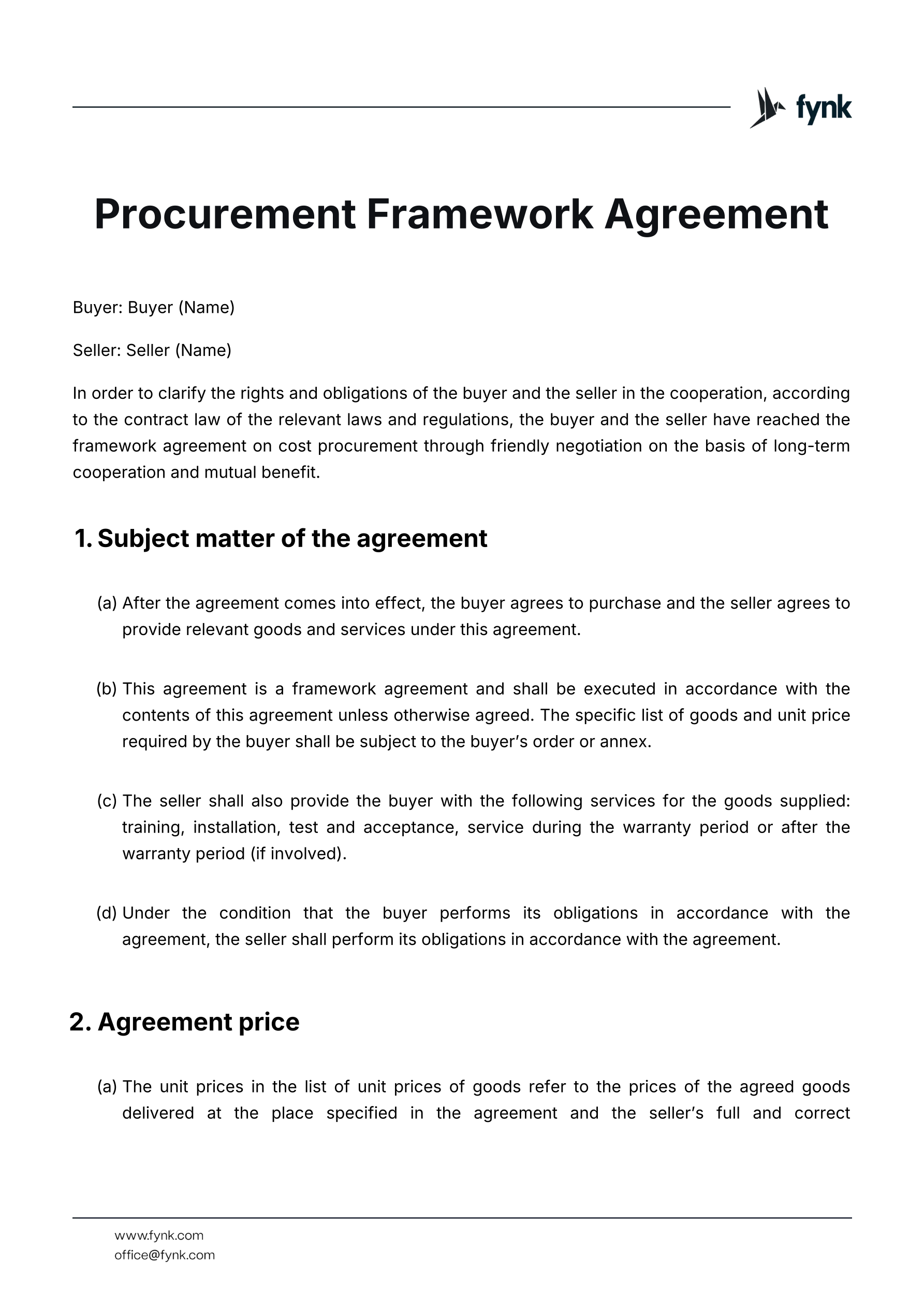 Procurement framework agreement template