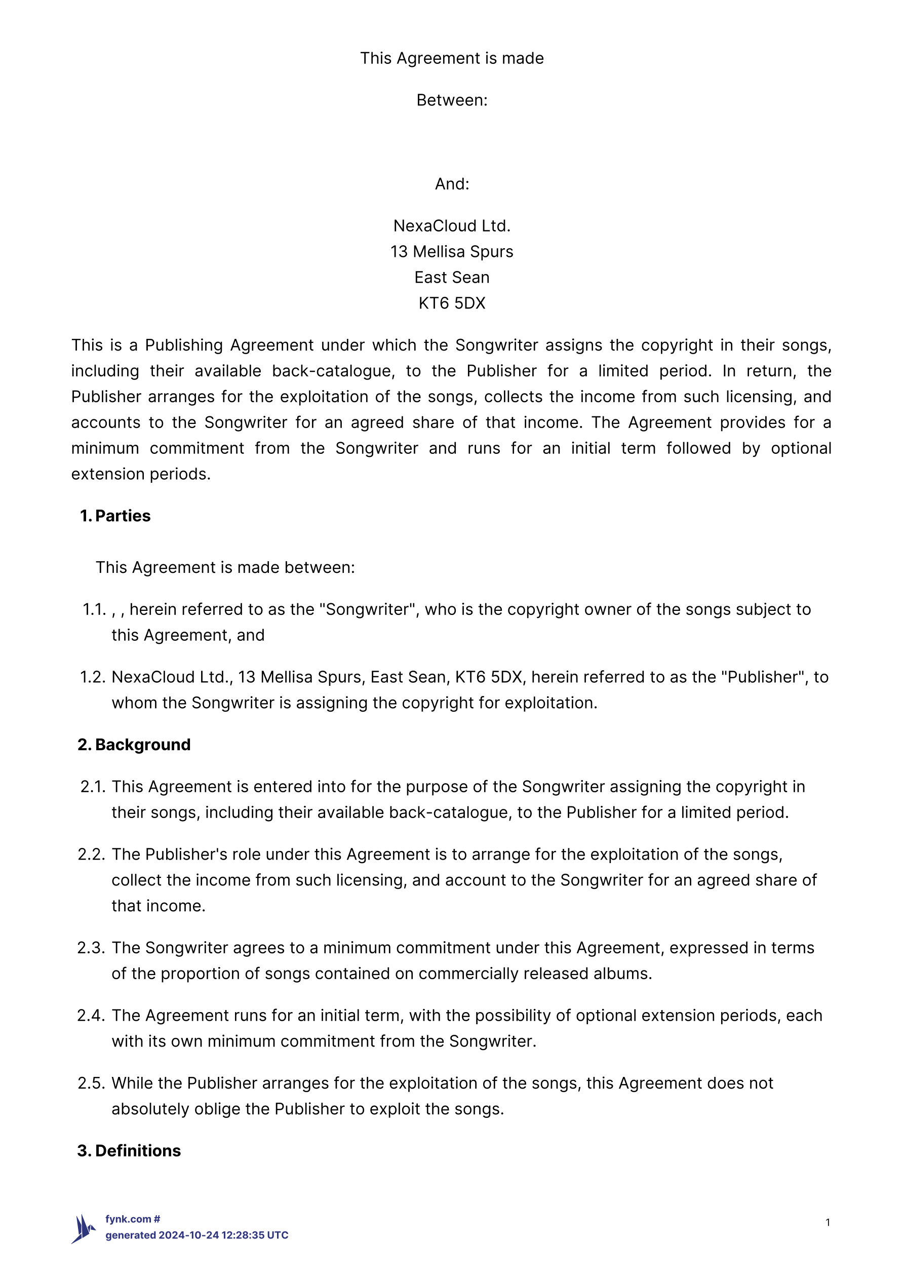 Publishing Agreement Template - Songwriter template screenshot