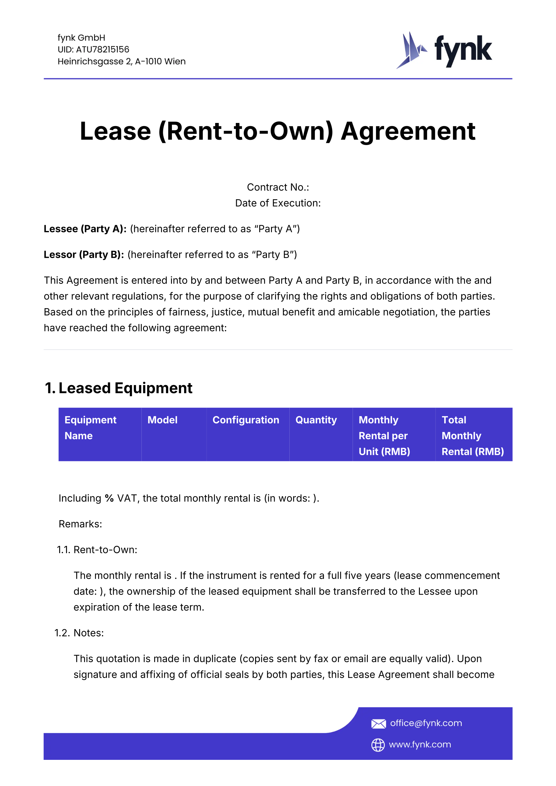 Rent-to-own Lease Agreement Template (Equipment) template screenshot