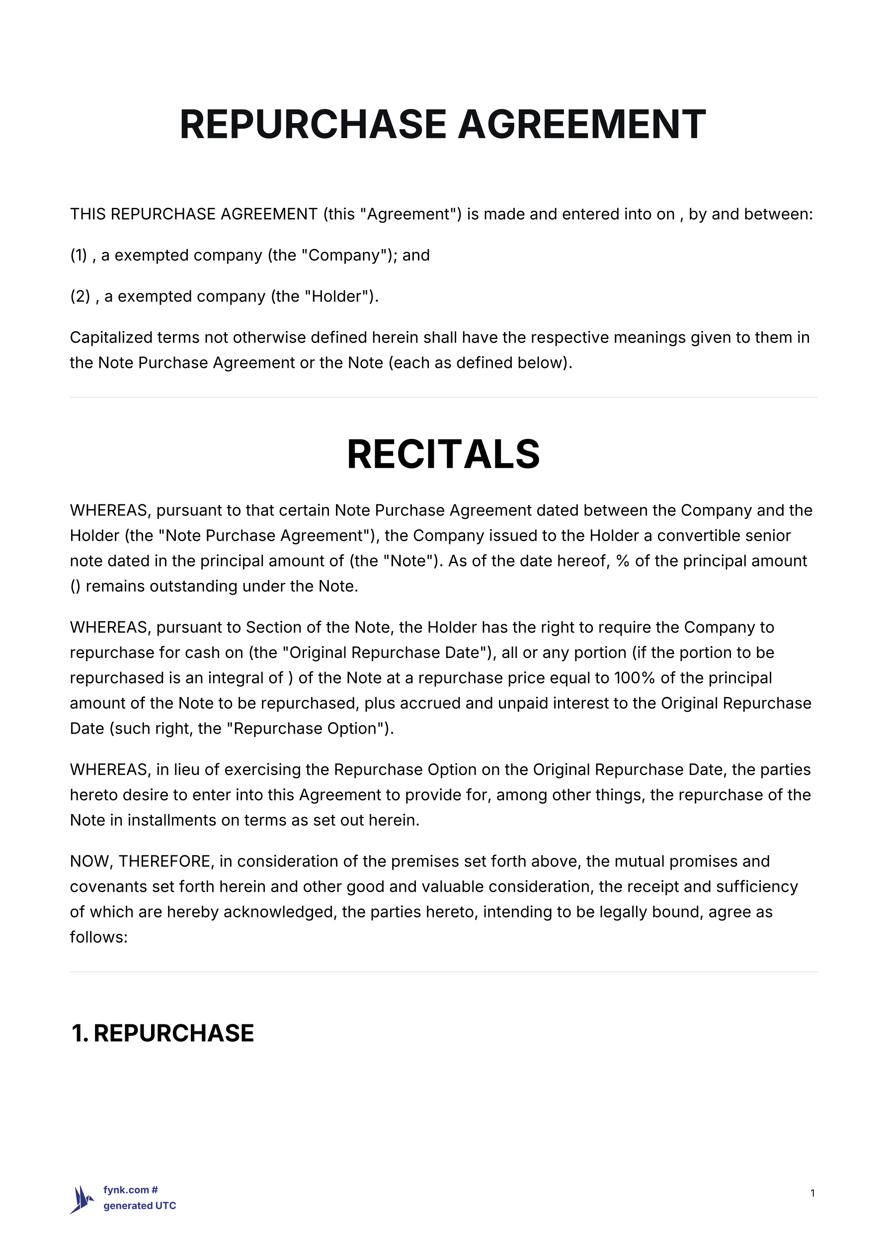 Repurchase Agreement Template (Convertible note + Installments) template screenshot