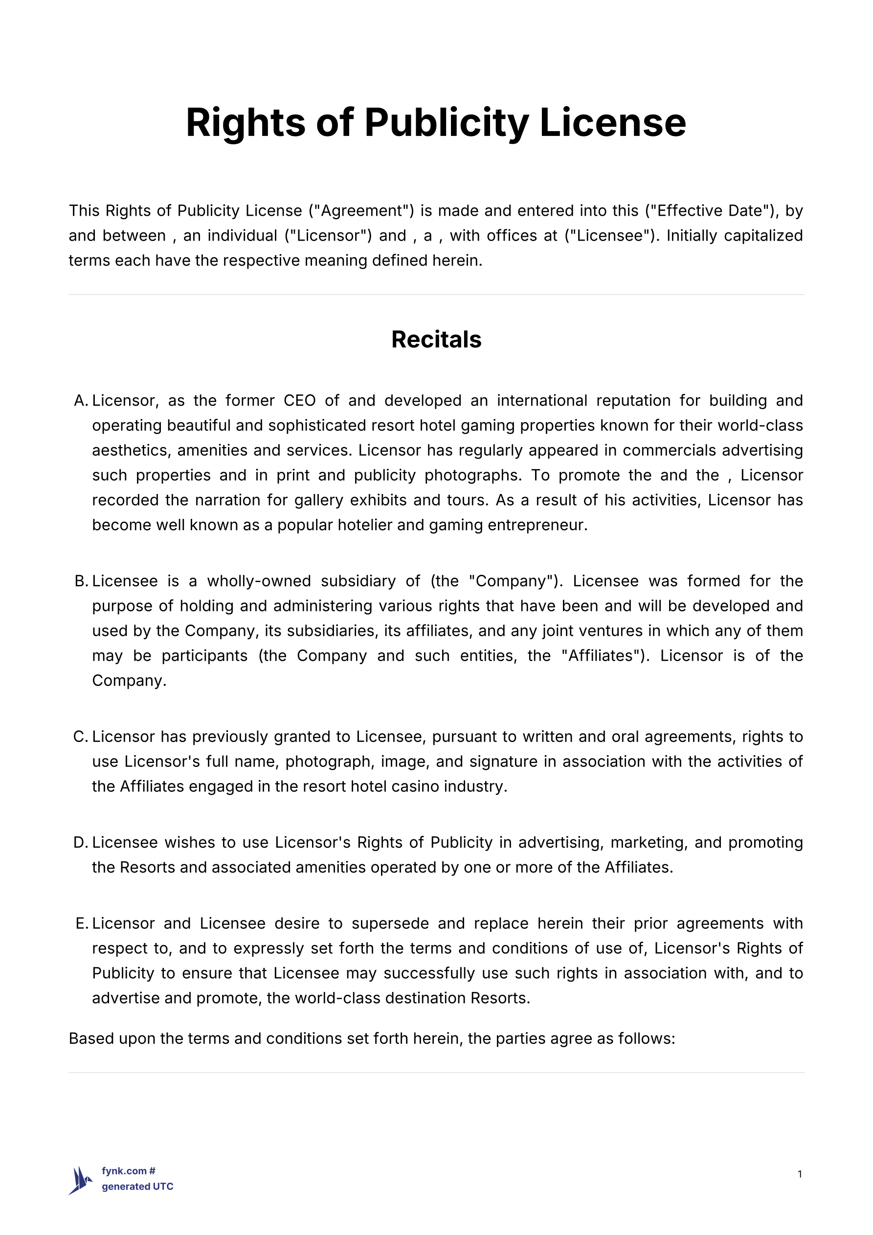 Rights of Publicity License Agreement Template template screenshot